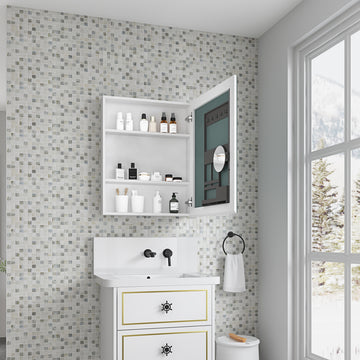 24'' W X 30'' H Surface Frameless Mirror Medicine Cabinet, Beveled Mirror Edges Bathroom Medicine Cabinet, Right Opening Door White Engineered Wood