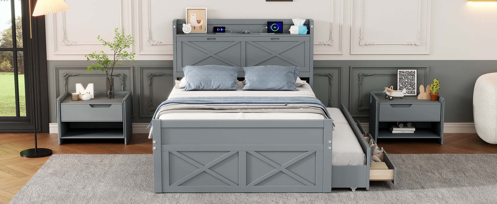 Full Size Wooden Bed With Storage Headboard With Outlets, Extendable Bed With Twin Size Trundle With Three Storage Drawers,Gray Expected Arrival Time:8.23 Full Gray Wood