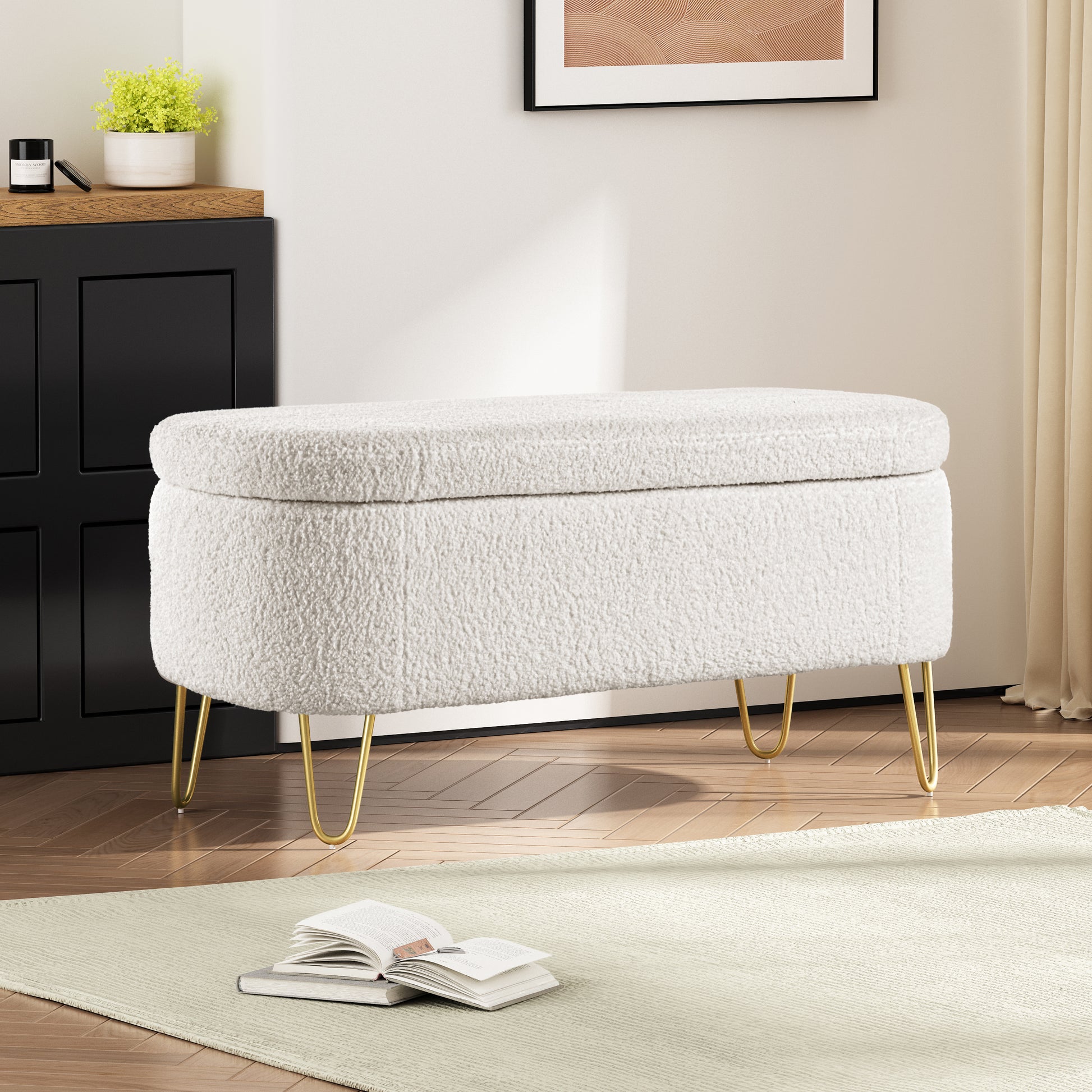 Oval Storage Bench For Living Room Bedroom End Of Bed, Upholstered Storage Ottoman Entryway Bench With Metal Legs,Cream Wood Primary Living Space Solid Grey Pine With Storage Cream Polyester Polyester Or Polyester Blend Backless Modern Oval Flip Top