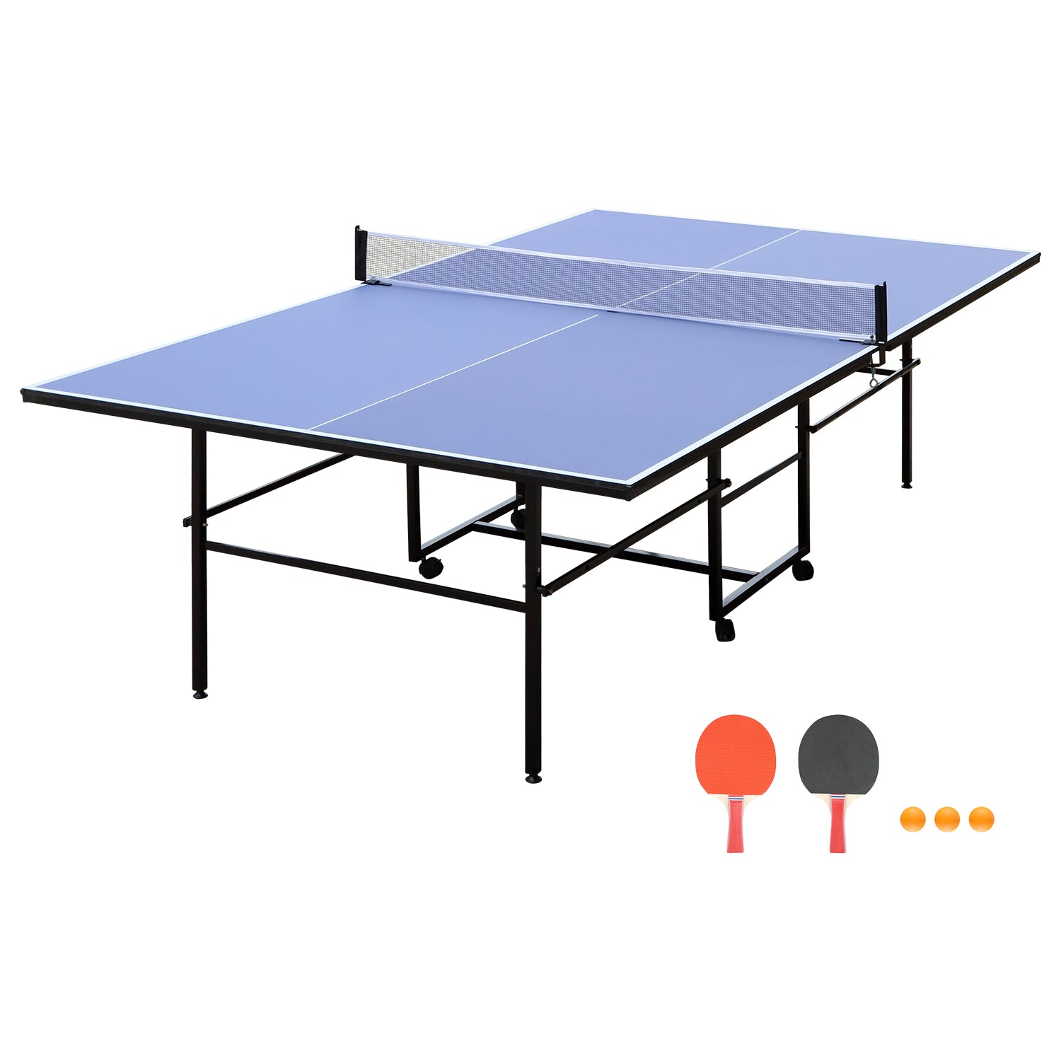 9Ft Mid Size Table Tennis Table, Foldable Ping Pong Table For Indoor & Outdoor Games With Net, 2 Table Tennis Paddles And 3 Balls Blue Mdf