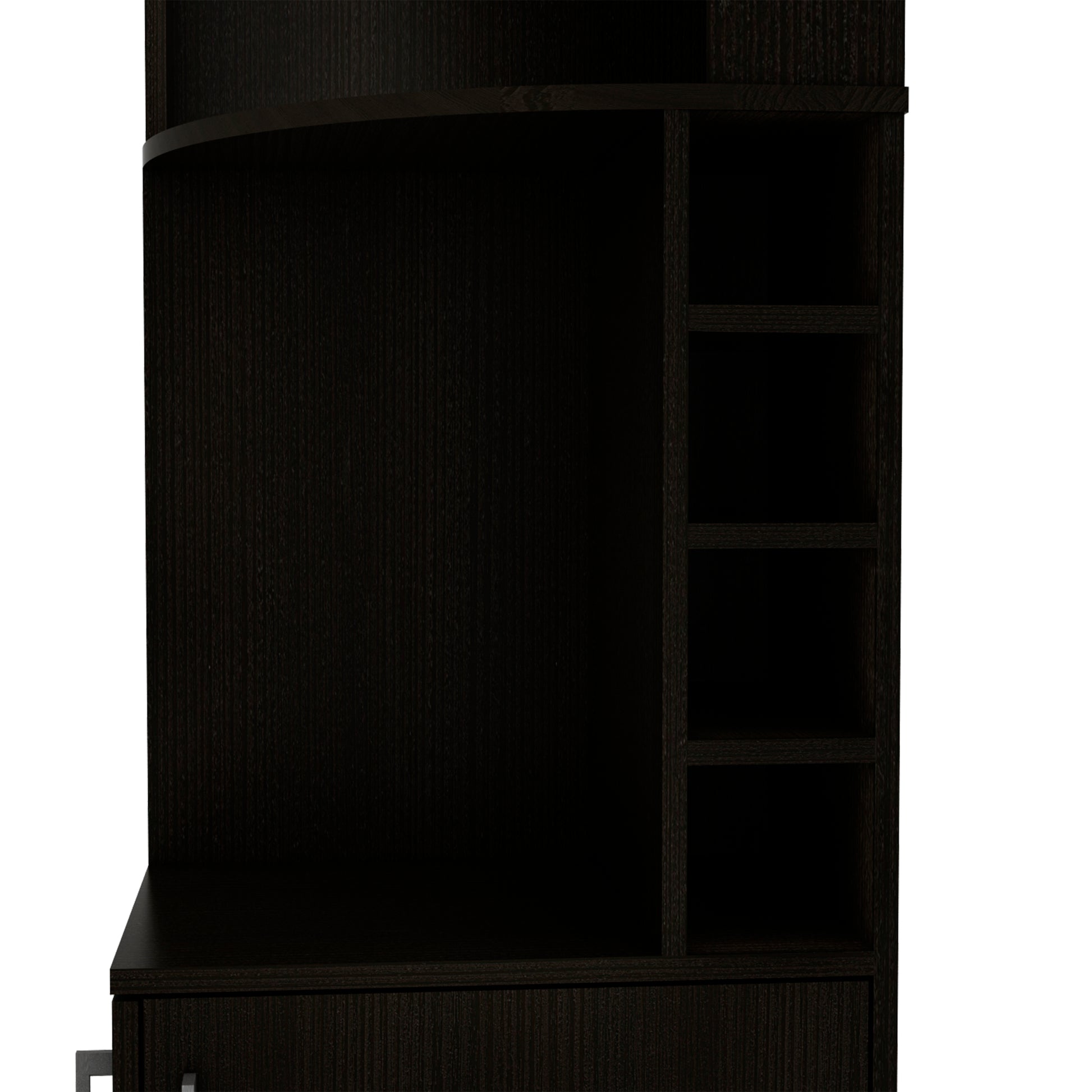 71" H Black Corner Bar Cabinet, With Two Shelves At The Top, 1 Glass Holder, 8 Exterior Bottle Racks, 1 Central Shelf And A Lower Drawer With 2 Side Doors Black Particle Board Particle Board