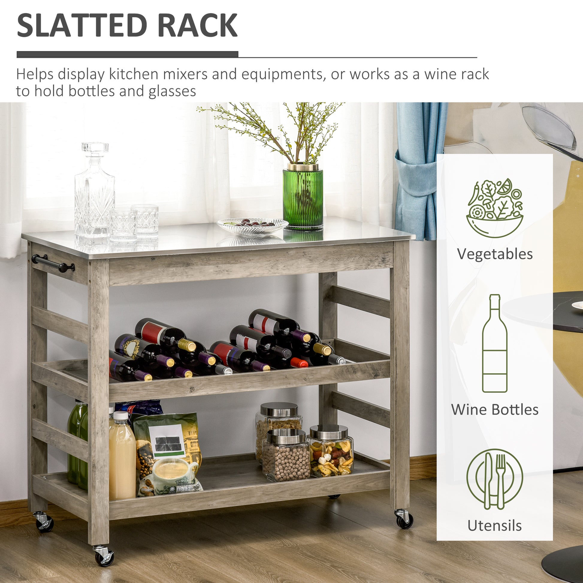 Homcom Rolling Kitchen Cart With Stainless Steel Countertop, 1 Bottom Shelf, 1 Slotted Middle Shelf And 4 Castor Wheels, Grey Grey Mdf