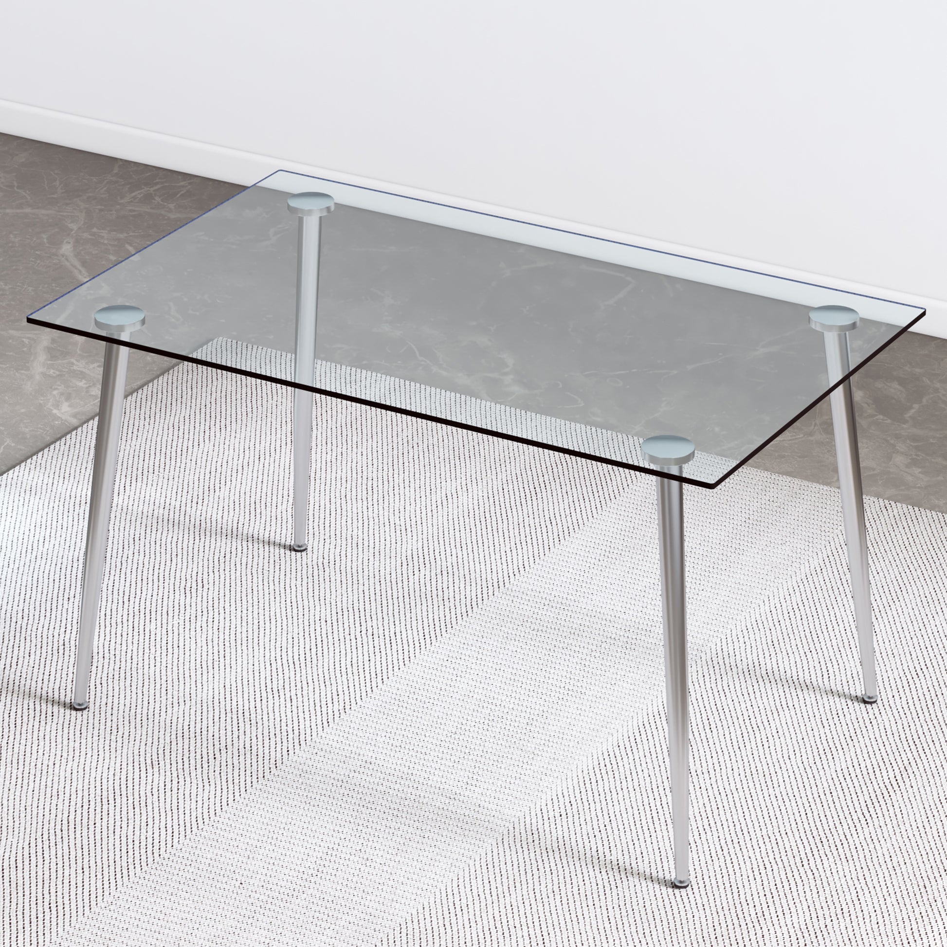 Table And Chair Set.Rectangular Dining Table With Tempered Glass Tabletop And Silver Plating Metal Legs.Paired With 4 Checkered Armless High Backlight Gray Chairs With Electroplated Metal Legs. Transparent Seats 4 Glass Metal