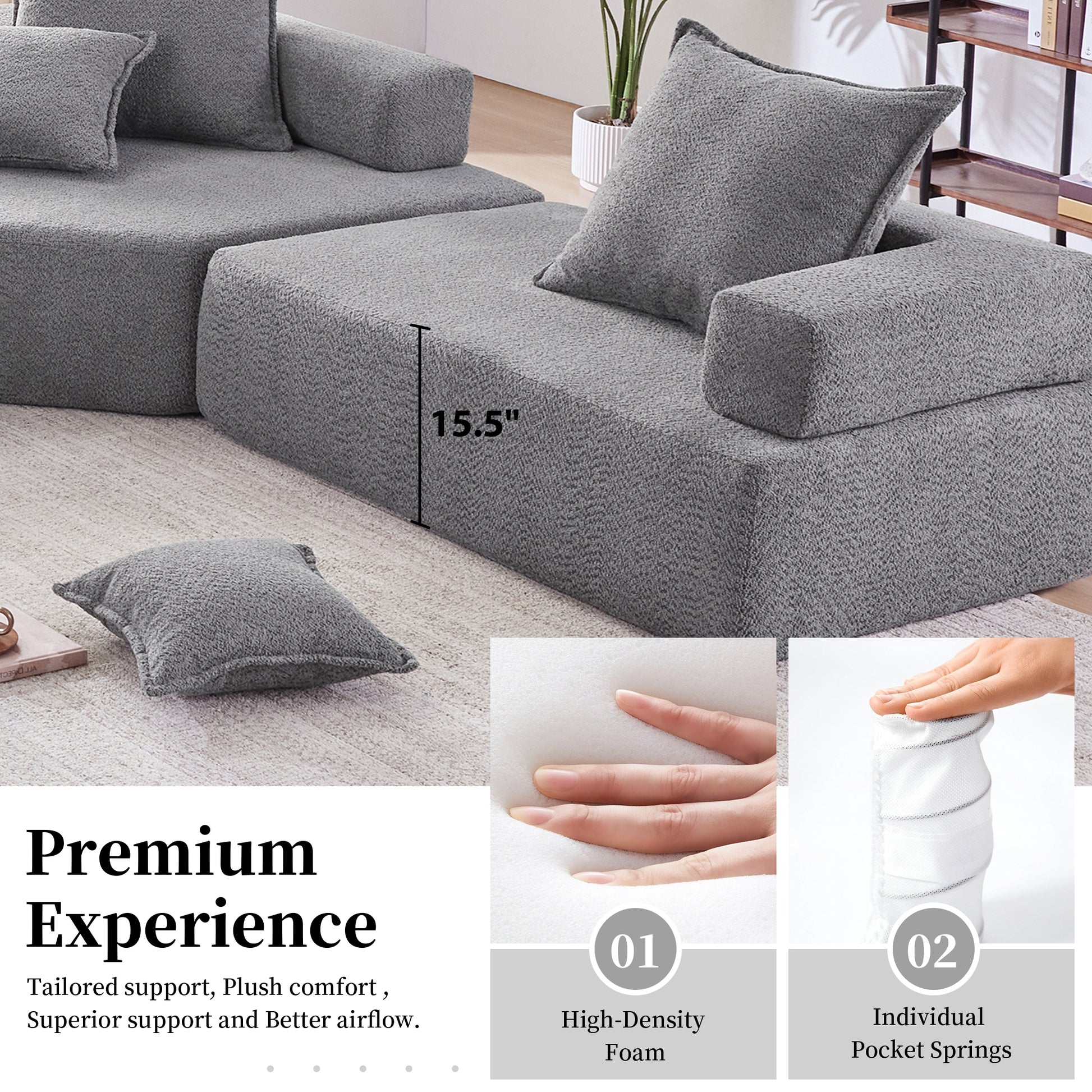 156''Oversized Modular U Shaped Sectional Sofa,Luxury Boucle Floor Couch Set,Convertible Sleeper Couch,Spacious Foam Filled Sofa Bed For Living Room,4 Pc Free Combination,2 Color Gray Boucle 6 Seat