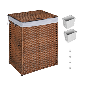 Laundry Hamper With Lid Pe Rattan Powder Coating Frame Clothes Hampers With 02 Removable Bags, 100L, Brown Color 1 Brown Foldable Bathroom American Design,American Traditional Wicker