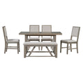 6 Piece Retro Dining Set, 1 Rectangular Table With Designed Trestle Base And 4 Upholstered Chairs And 1 Bench For Dining Room And Kitchen Gray Gray Solid Wood Mdf