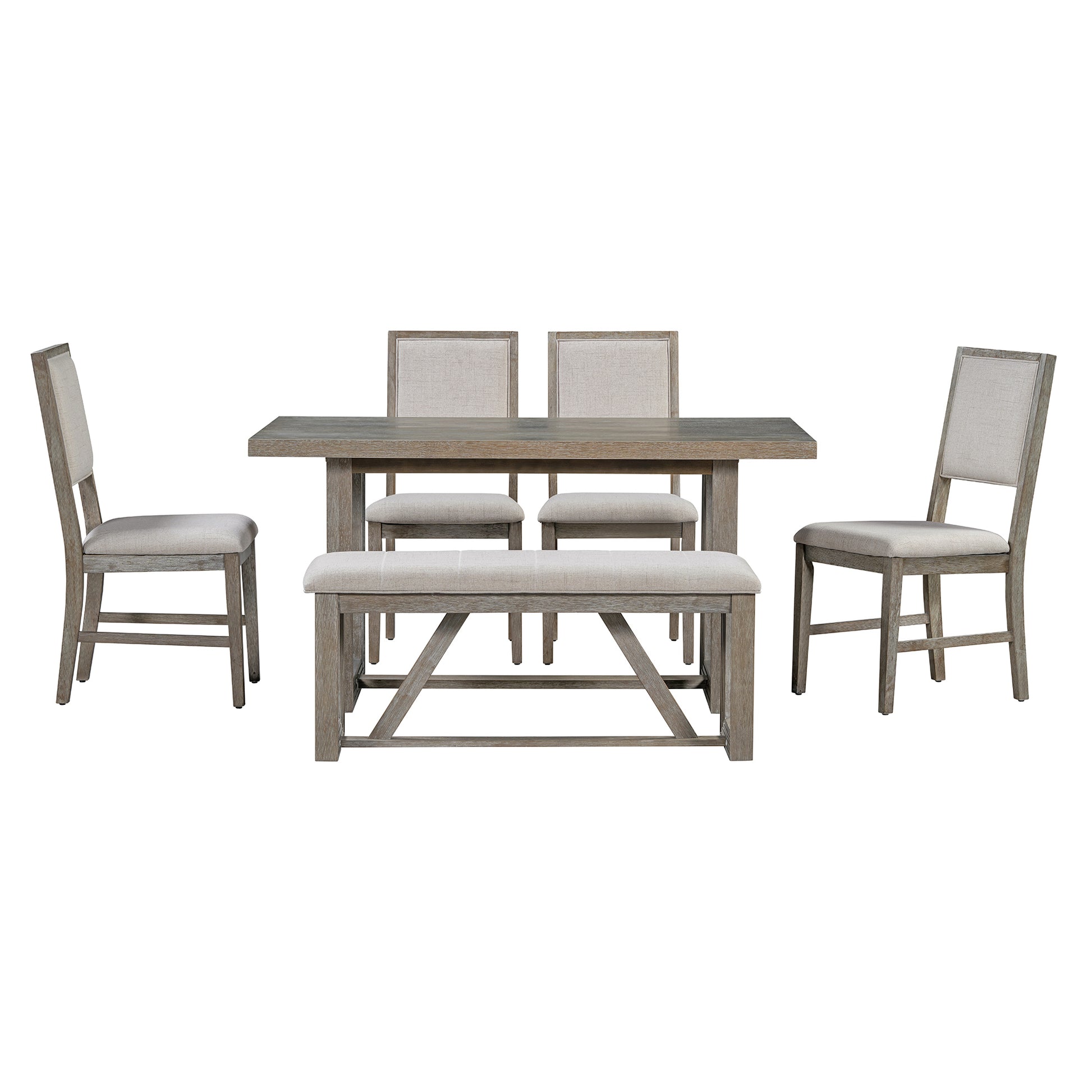 6 Piece Retro Dining Set, 1 Rectangular Table With Designed Trestle Base And 4 Upholstered Chairs And 1 Bench For Dining Room And Kitchen Gray Gray Solid Wood Mdf