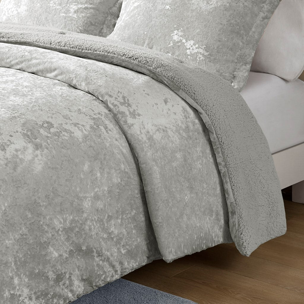 Crushed Velvet Sherpa Reversible Comforter Set Queen Grey Polyester