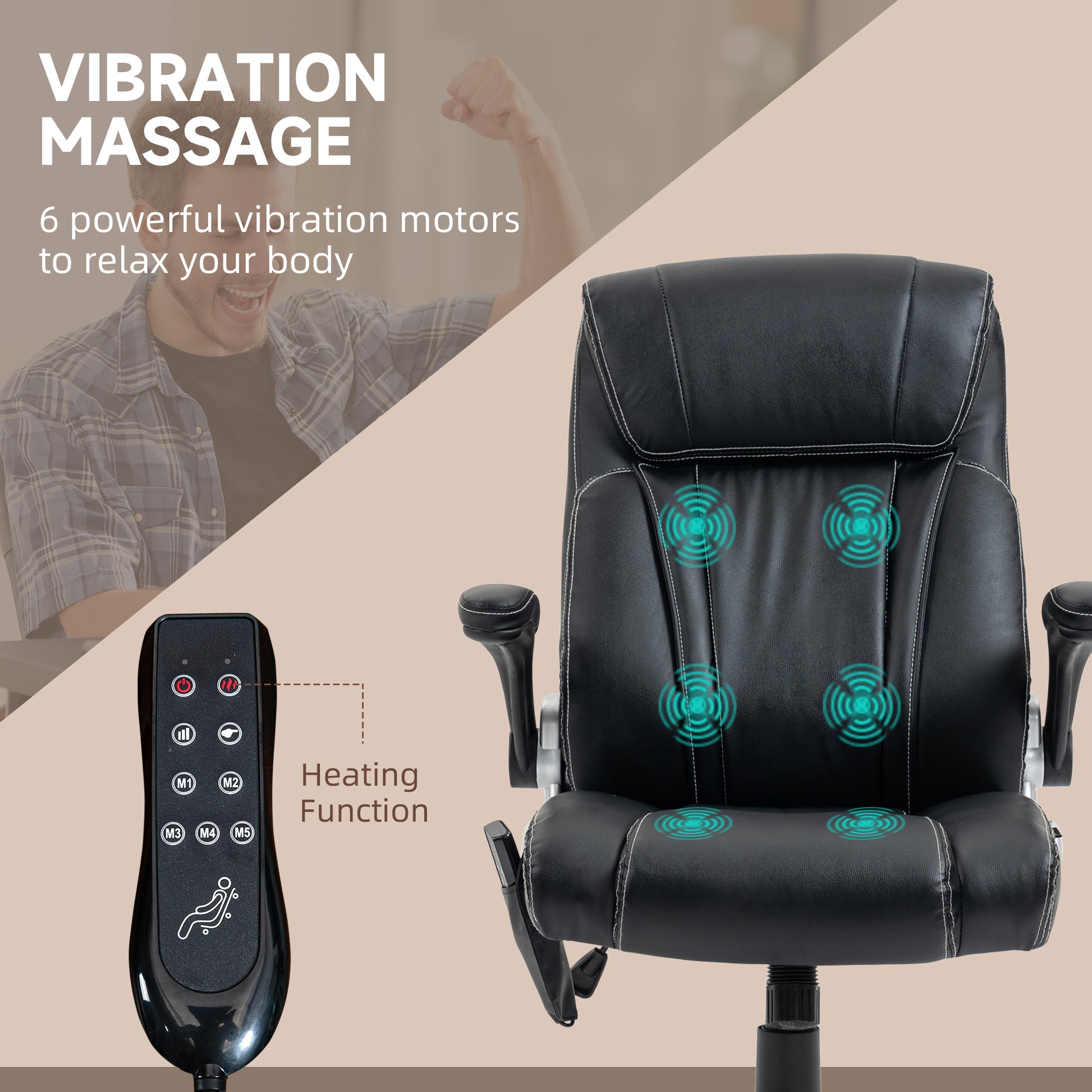 Vinsetto Executive Massage Office Chair With 6 Vibration Points, Heated Faux Leather Computer Desk Chair With Flip Up Armrest, Adjustable Height, Swivel Wheels, Black Black Leather