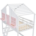 Twin Over Twin House Bunk Bed With Roofwindow, Window Box, Doorwith Safety Guardrails And Ladder, Pink White Twin Pink White Pine