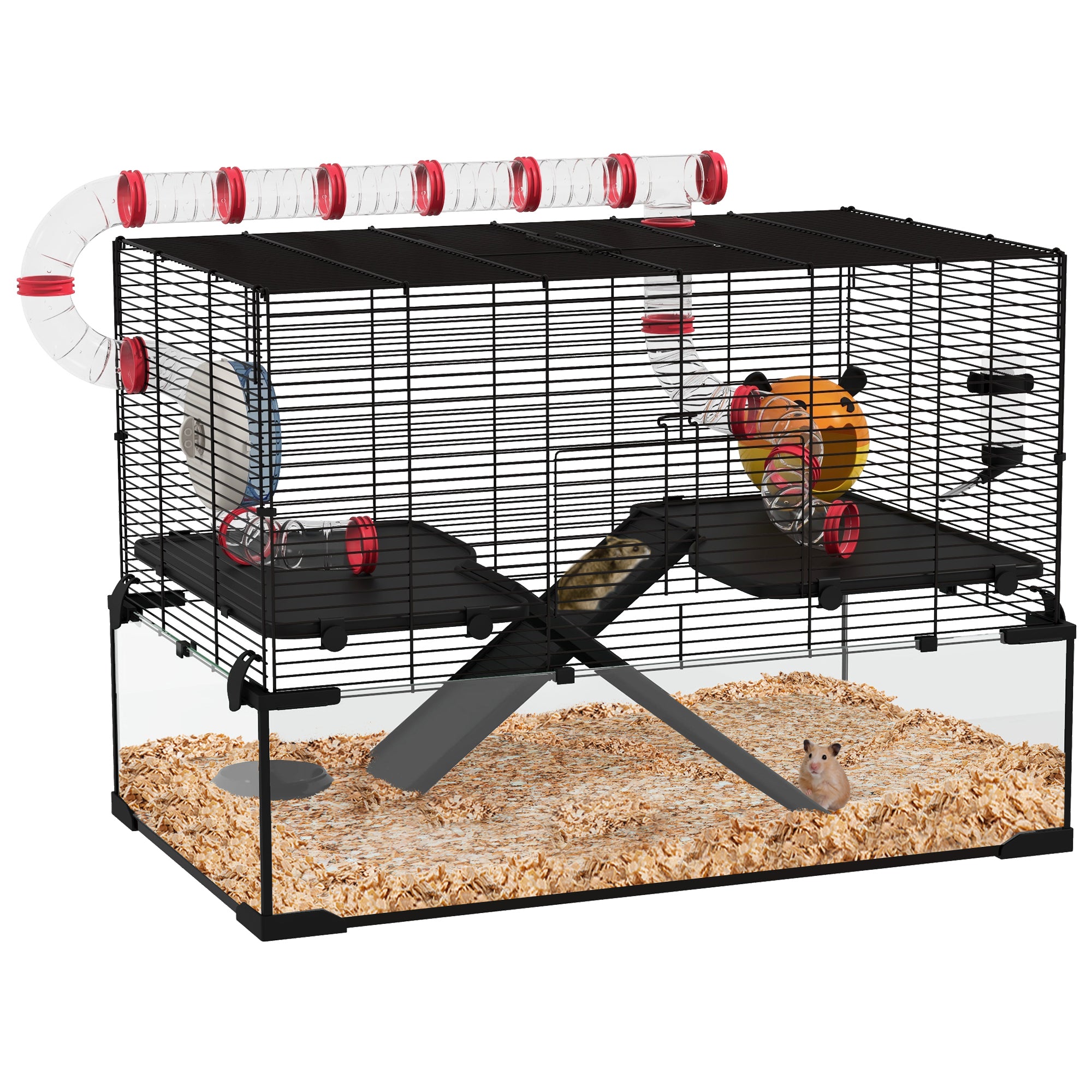 Pawhut 31" Extra Large Hamster Cage With Tube Tunnel, Small Animal Cage For Dwarf Hamster, Rat, Gerbil Cage With Deep Glass Bottom, Water Bottle, Food Dish, Exercise Wheel, Ramps Black Steel