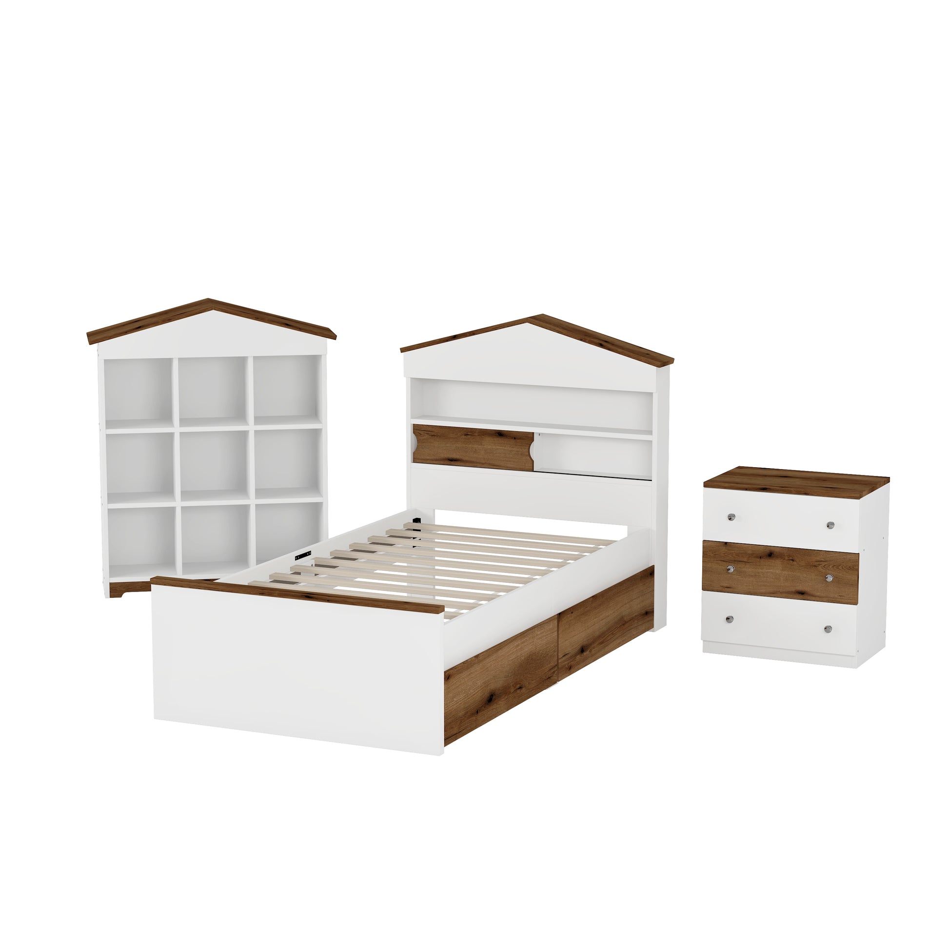 3 Pieces Bedroom Sets, Twin Size House Shaped Wooden Bed With Storage Drawers, Nightstand With Colorblock Design And House Shaped Stroage Rack, Brown White Twin Brown White 3 Piece Set Wood