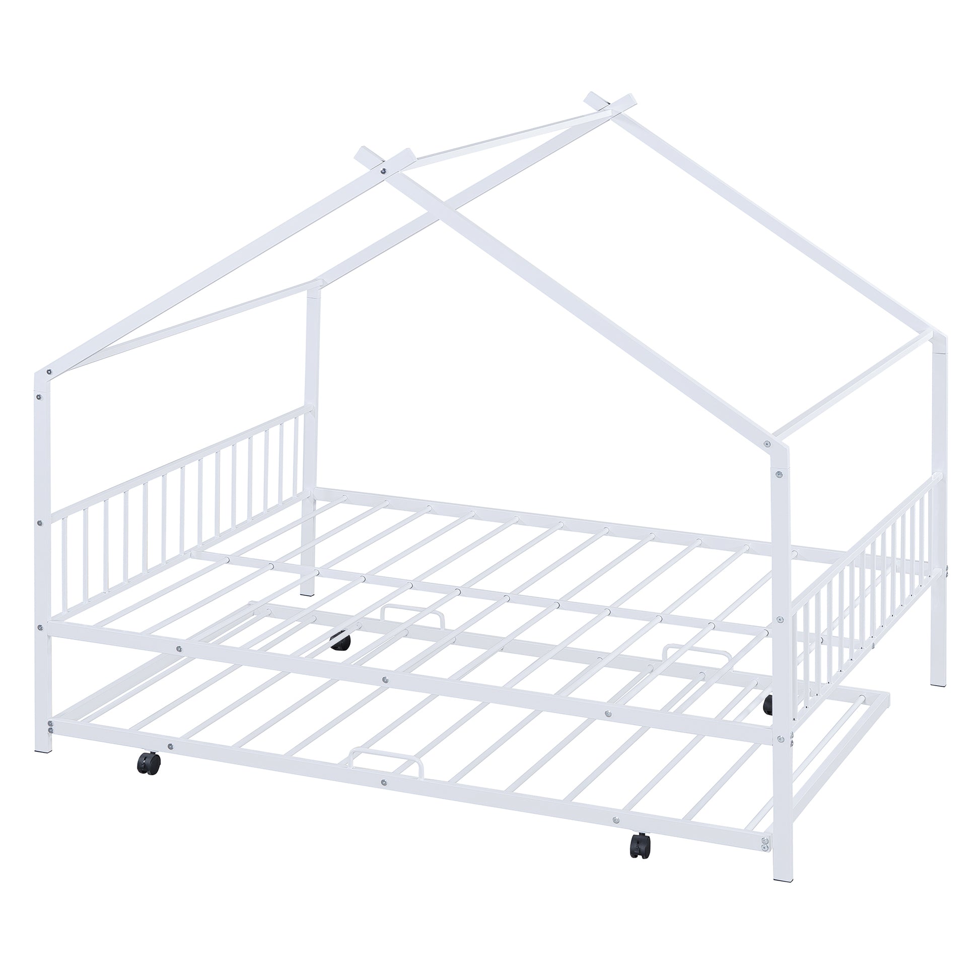 Full Size Metal House Bed With Twin Size Trundle, White Full White Metal