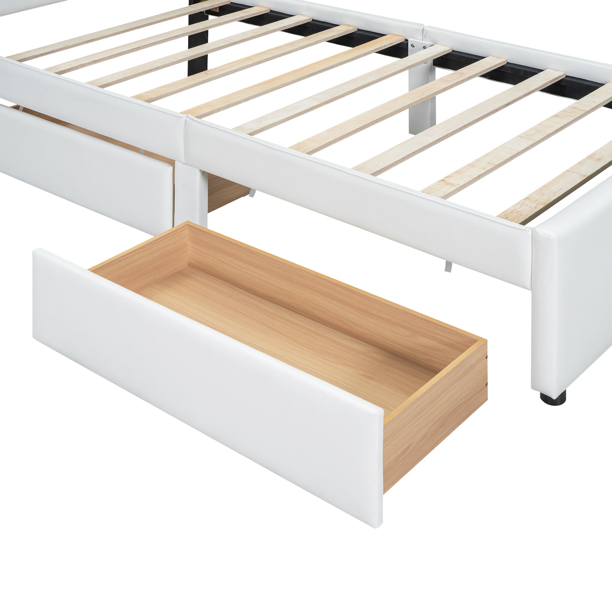 Twin Size Upholstered Platform Bed With Cartoon Ears Shaped Headboard And 2 Drawers, White Box Spring Not Required Twin White Wood Bedroom Bed Frame Faux Leather Upholstered