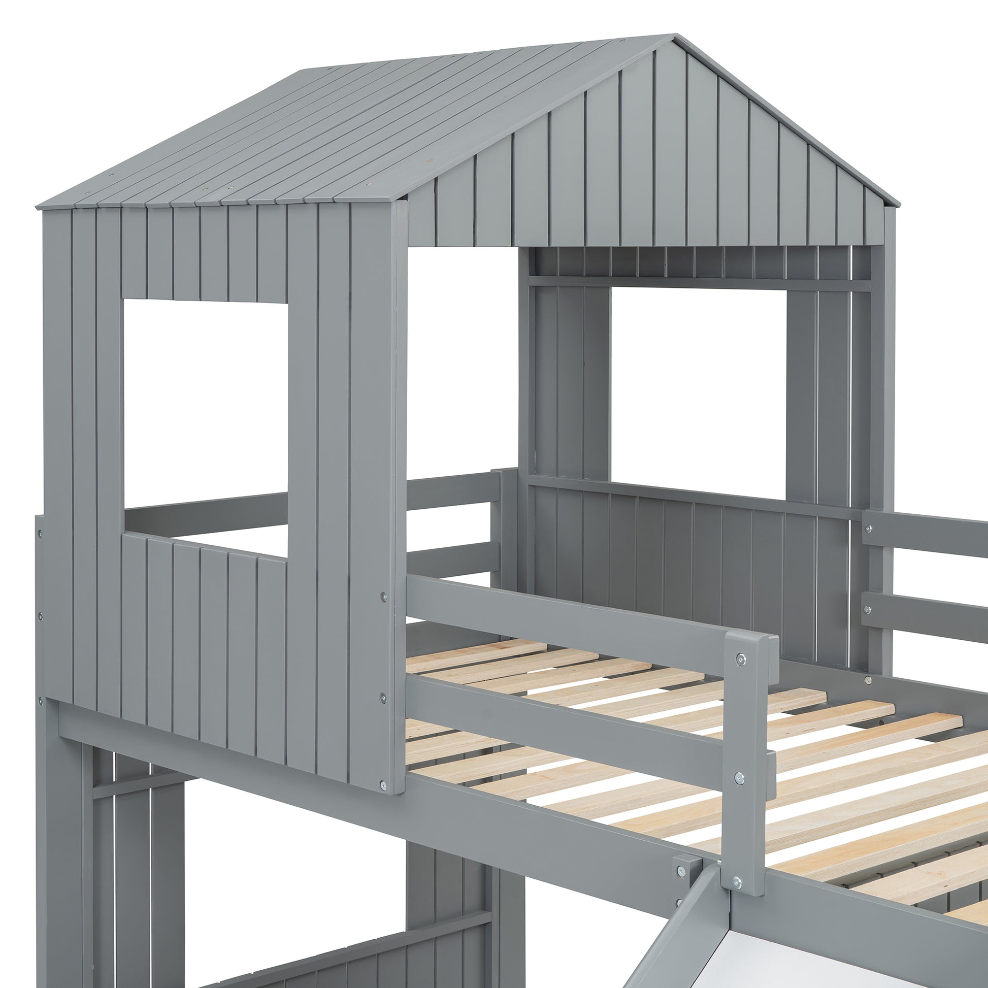 Wooden Twin Over Full Bunk Bed, Loft Bed With Playhouse, Farmhouse, Ladder, Slide And Guardrails, Gray Old Sku :Lt000028Aan Twin Gray Solid Wood