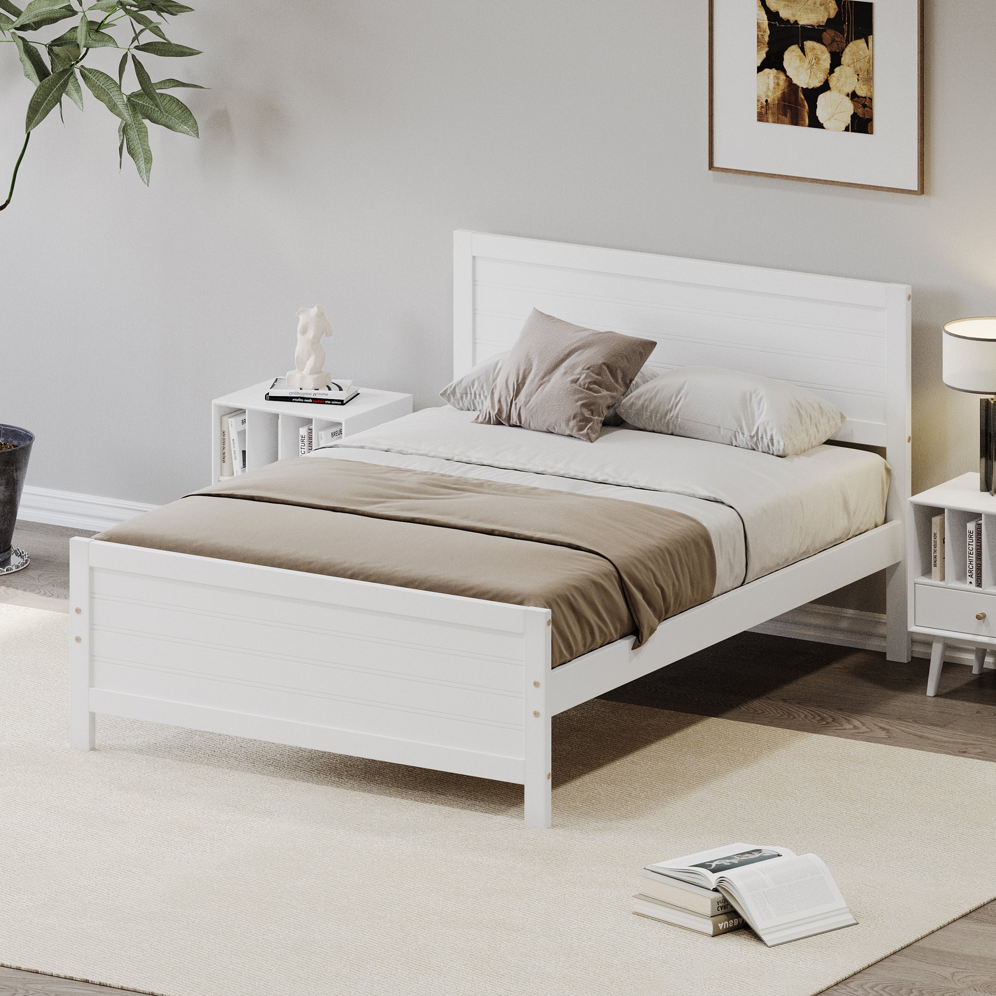 Wood Platform Bed Frame With Headboard, Mattress Foundation With Wood Slat Support, No Box Spring Needed, Full Size, White Box Spring Not Required Full White Wood Solid Wood Mdf