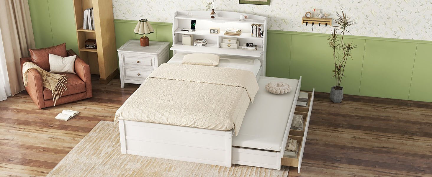 Full Size Wooden Led Platform Bed With Trundle, With Storage Headboard, With Drawers, White Full White Plywood