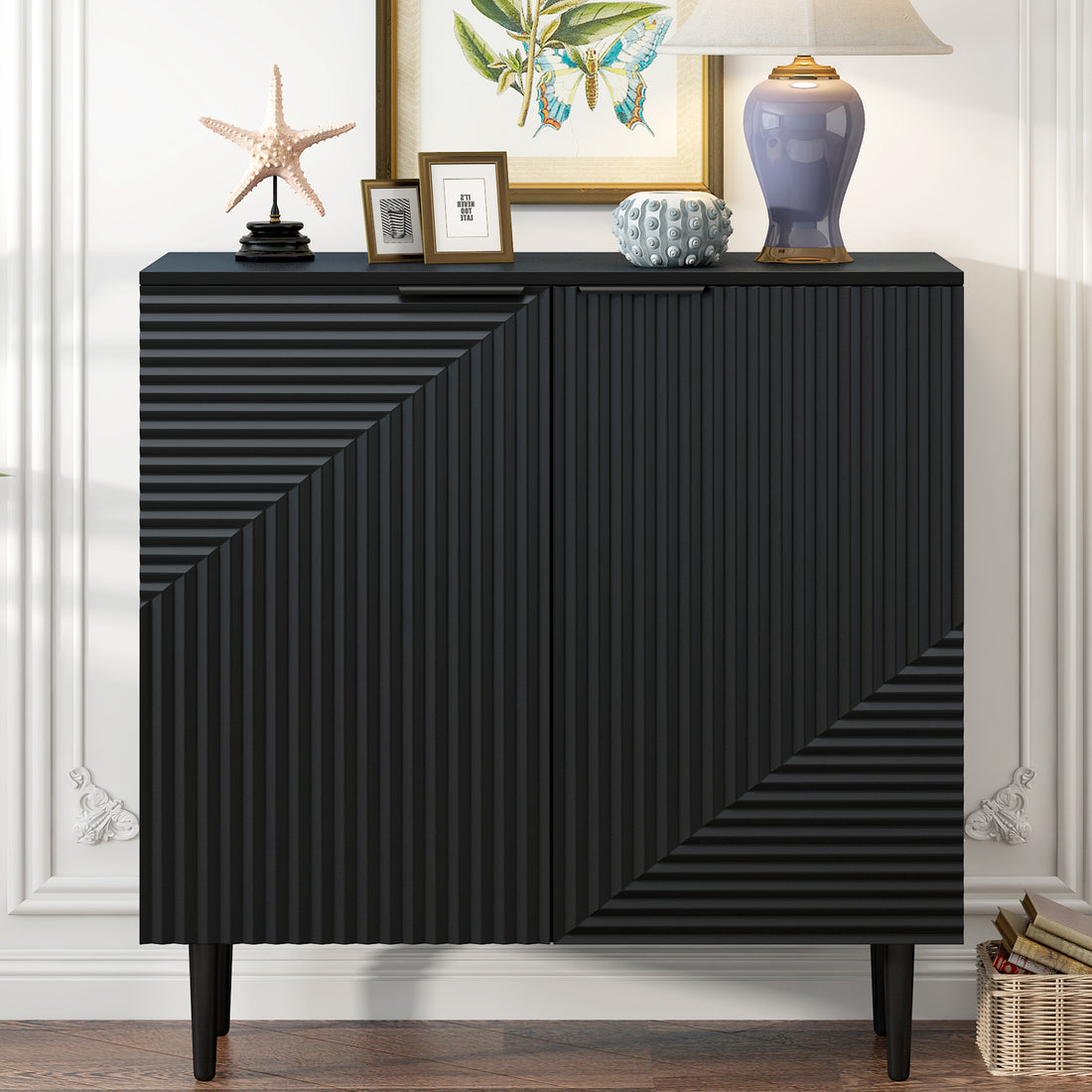 Mirod Modern Minimalist Side Cabinet With Adjustable Shelves ,Stylish Geometric Door Design,Ample Storage Space For Any Home Decor Black Mdf