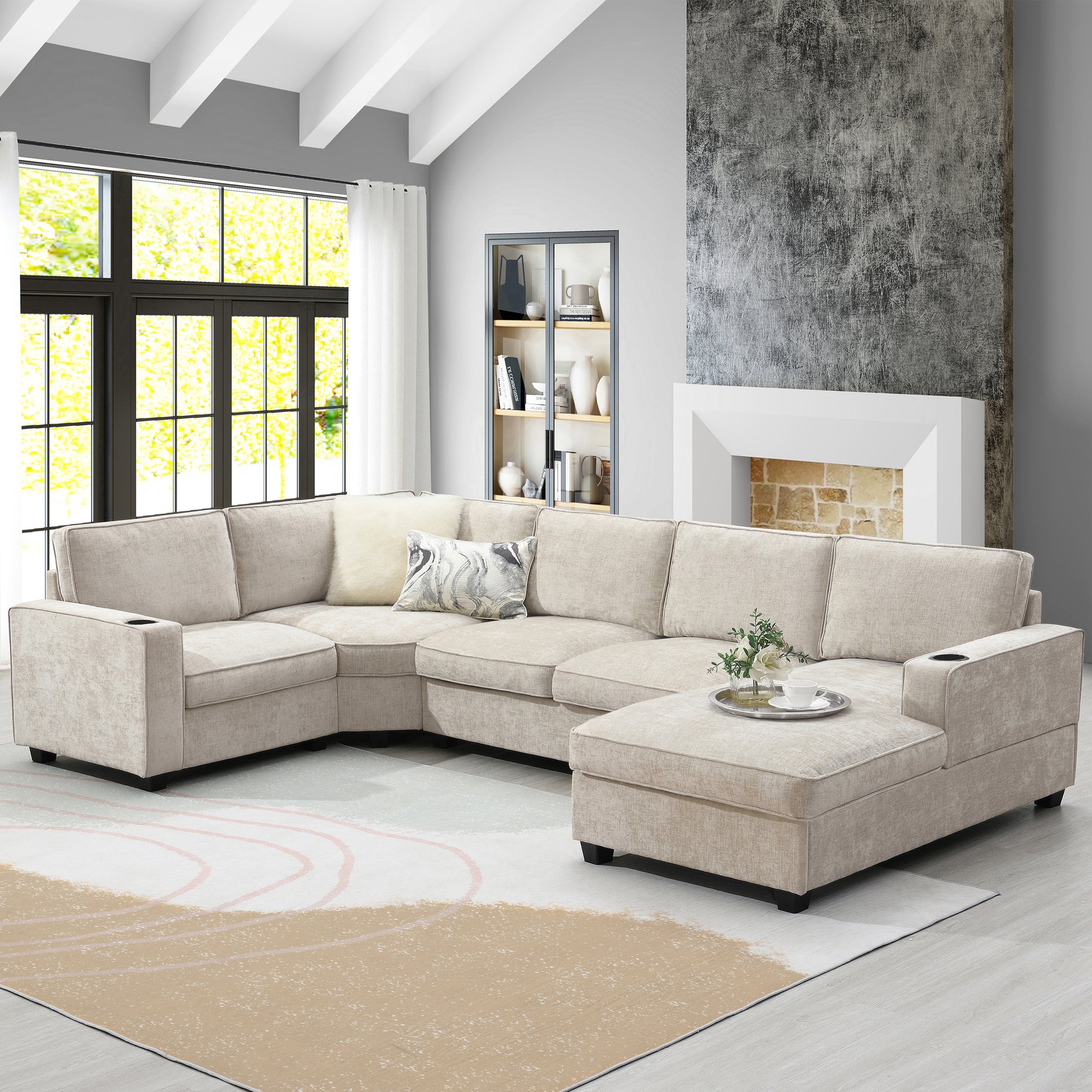 119*67" U Shaped Sectional Sofa,6 Seat Chenille Couch Set With Oversized Chaise Lounge,Irregular Corner,Deep Seat Comfy Sofa With Cup Holders For Living Room,Apartment,2 Colors Beige Chenille 6 Seat