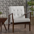 Mid Century Modern Faux Leather Club Chair With Wood Frame, White And Dark Espresso White Pu