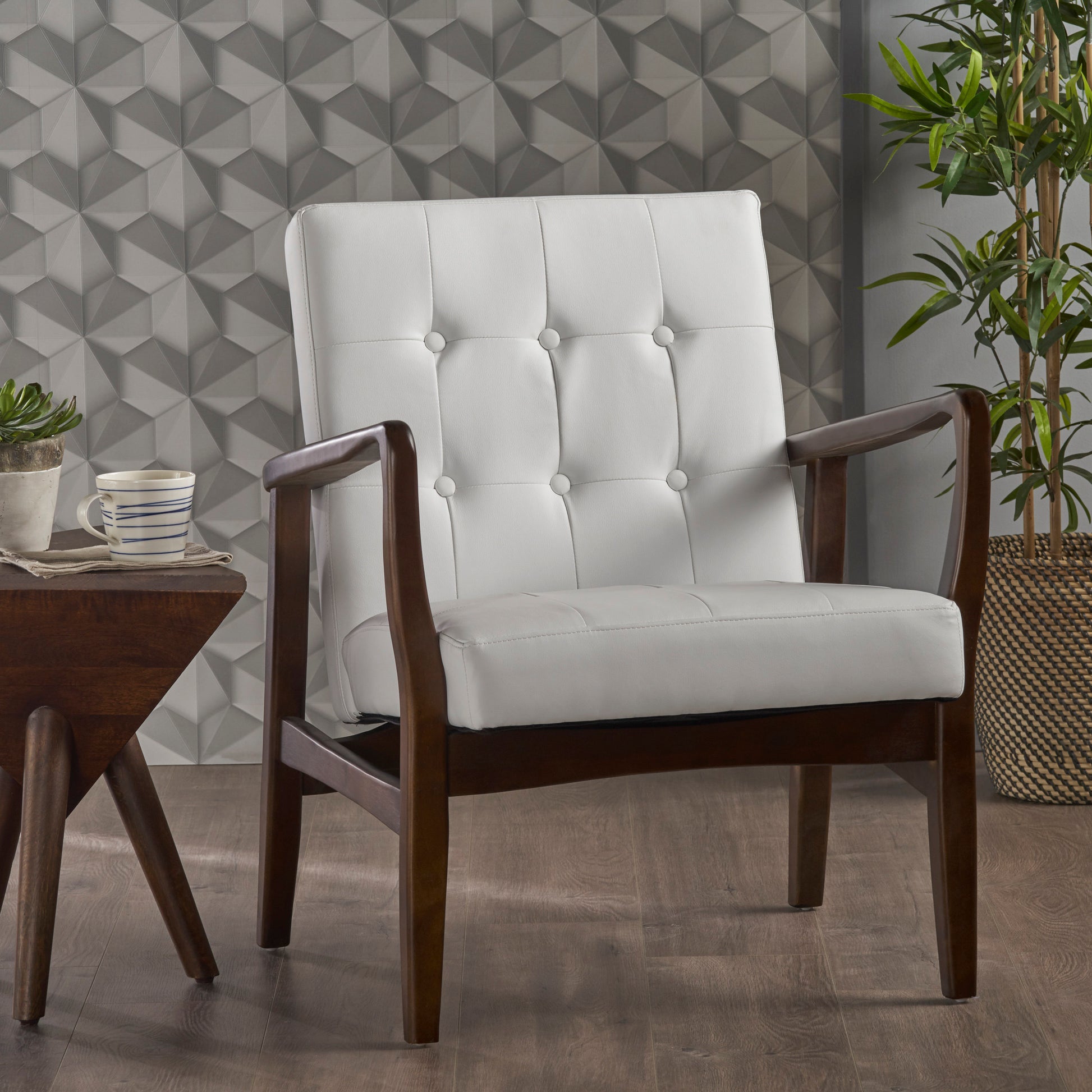 Mid Century Modern Faux Leather Club Chair With Wood Frame, White And Dark Espresso White Pu