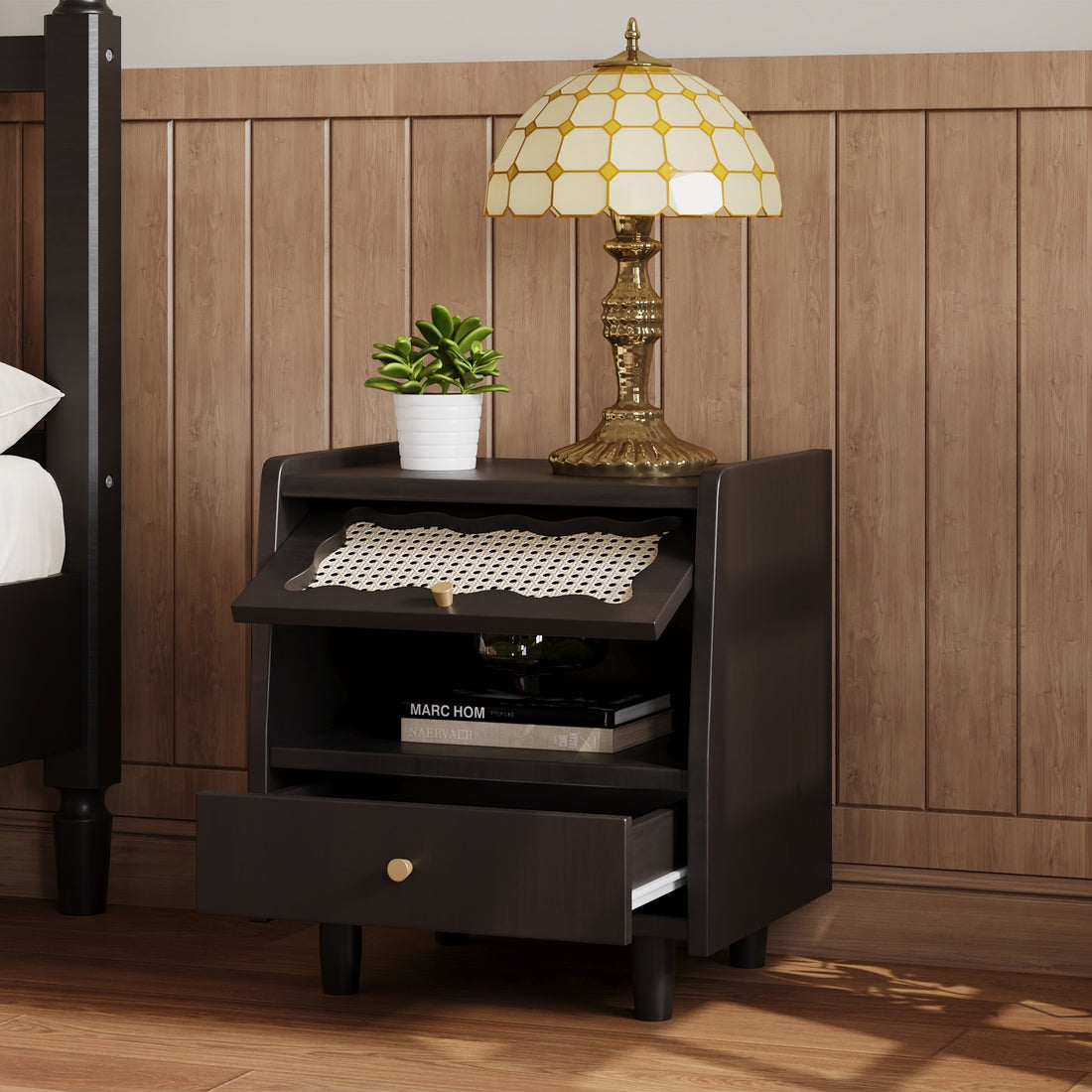 Wooden Nightstand With Rattan Woven Storage Cabinet And 1 Drawer, Exquisite Elegance With Natural Storage Solutions For Bedroom, Black Expected Arrival Time: 08.23 Black 1 Drawer Wood