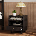 Wooden Nightstand With Rattan Woven Storage Cabinet And 1 Drawer, Exquisite Elegance With Natural Storage Solutions For Bedroom, Black Expected Arrival Time: 08.23 Black 1 Drawer Wood