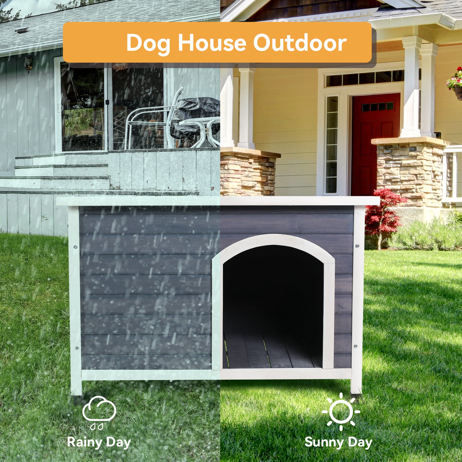 Small Wooden Outdoor Dog House, Waterproof Roof, Elevated Floor, Grey Grey Solid Wood