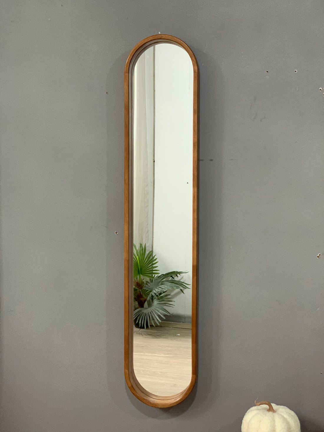 9.5X2X47.2" Decorative Rubber Frame Mirror With Elongated Oval Frame, Brown Brown Wood