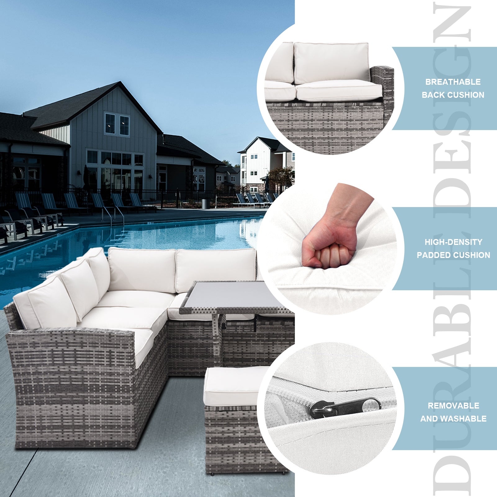 Outdoor Patio Furniture Set,7 Pieces Outdoor Sectional Conversation Sofa With Dining Table,Chairs And Ottomans,All Weather Pe Rattan And Steel Frame,With Backrest And Removable Cushions Grey Beige Yes White Weather Resistant Frame Garden & Outdoor Pe