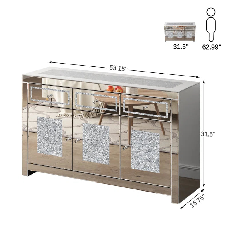 53.15'' Mirrored Glass Sideboard With 3 Drawers 3 Doors Silver Dining Room Luxury,Modern Cabinets Included Mdf Glass,Mirror