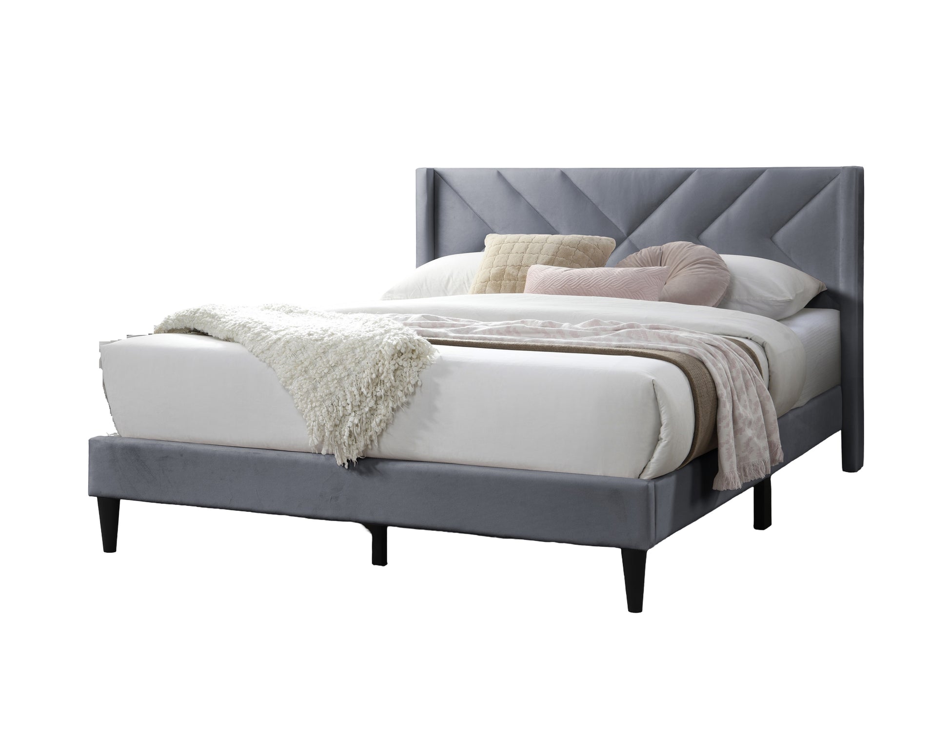 Elegant Modern Gray Velvet Upholstered Queen Size Bed Clean Lines Design Headboard 1Pc Bedframe Box Spring Not Required Queen Grey Wood Bedroom Contemporary,Modern Bed Frame Velvet Velvet