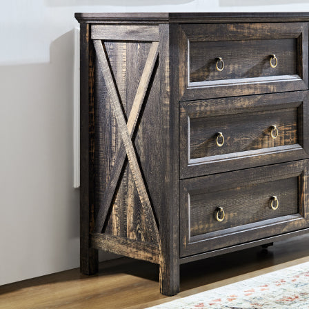 Farmhouse 6 Drawers Dresser For Bedroom, Wood Rustic Wide Chest Of Drawers, Storage Dressers Organizer For Bedroom, Living Room, Hallway,Dark Rustic Oak Dark Oak Mdf