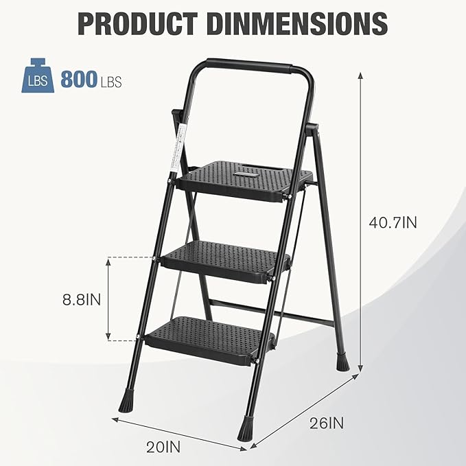 3 Step Ladder, Step Stool Foldable, 800Lbs Portable Ladder With Wide Anti Slip Pedal, Step Stool For Adults, Lightweight Step Ladder For Home Kitchen And Outdoor Black Metal & Wood