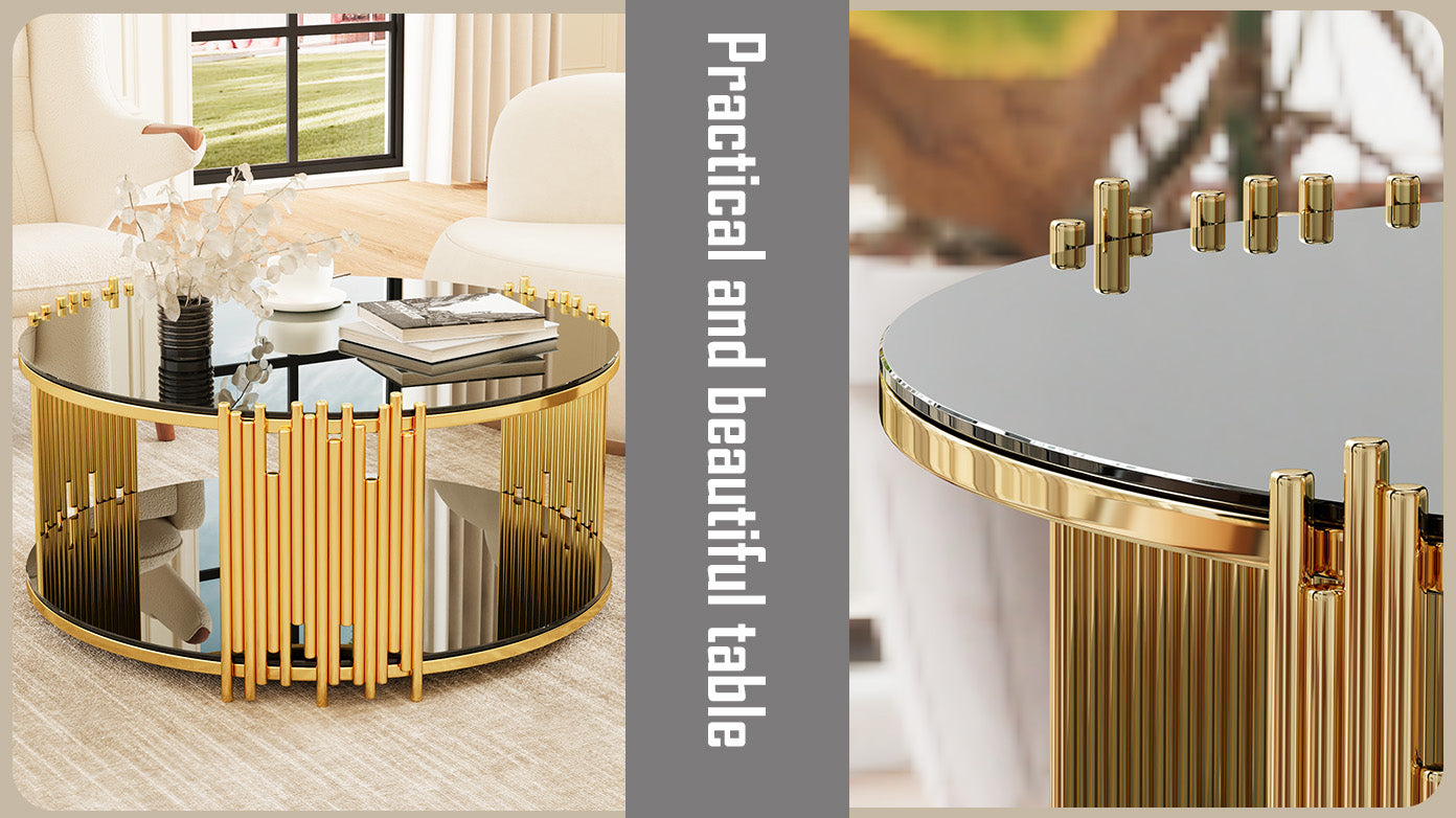 Modern Minimalist Light Luxury Style Stainless Steel Circular Coffee Table, Black Tempered Glass Countertop, Living Room Coffee Table Black Glass,Stainless Steel