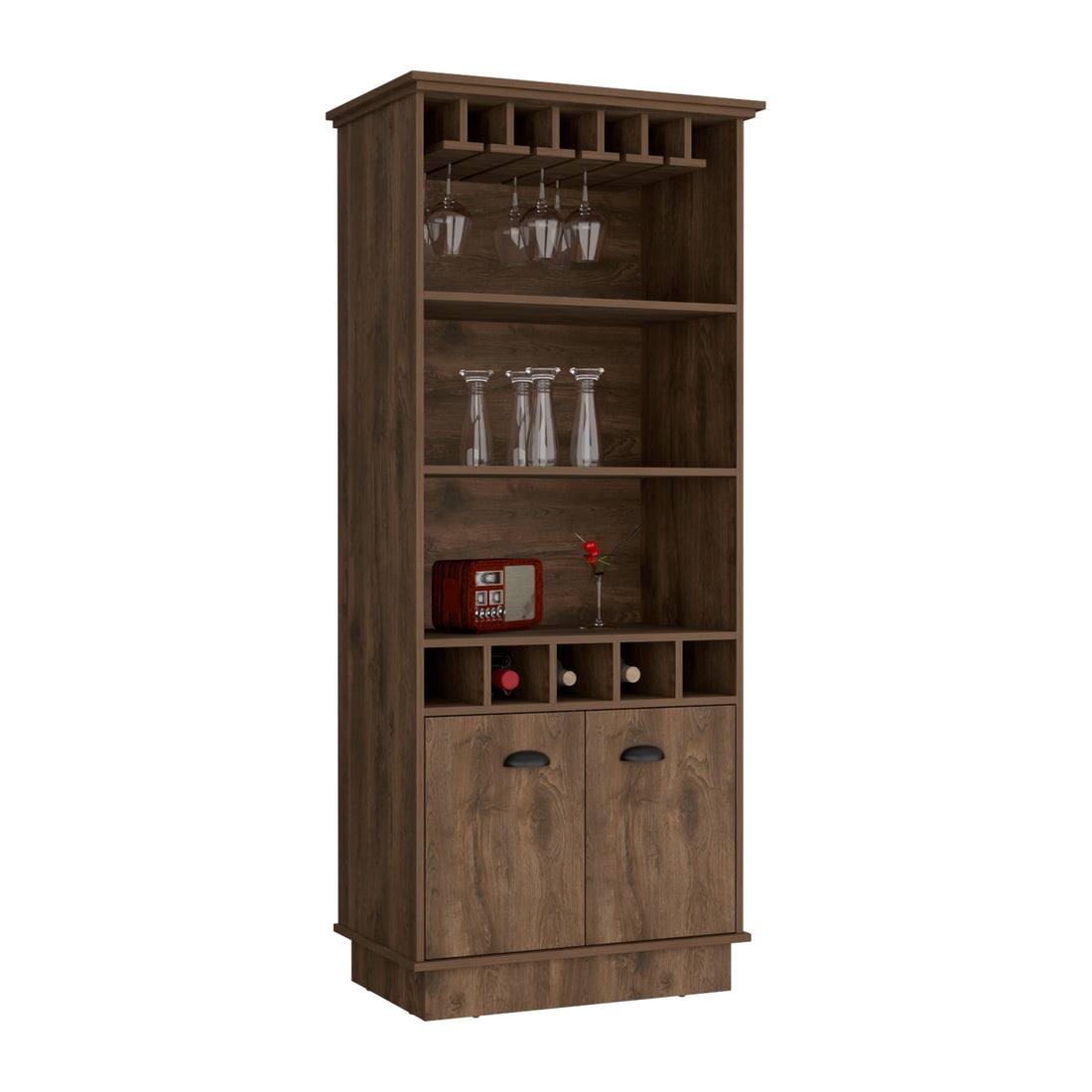 Bar Cabinet With Wine Rack 70"H, Upper Glass Cabinet, Three Open Storage Shelves And One Cabinet,Dark Brown Dark Brown Solid Wood Mdf Engineered Wood