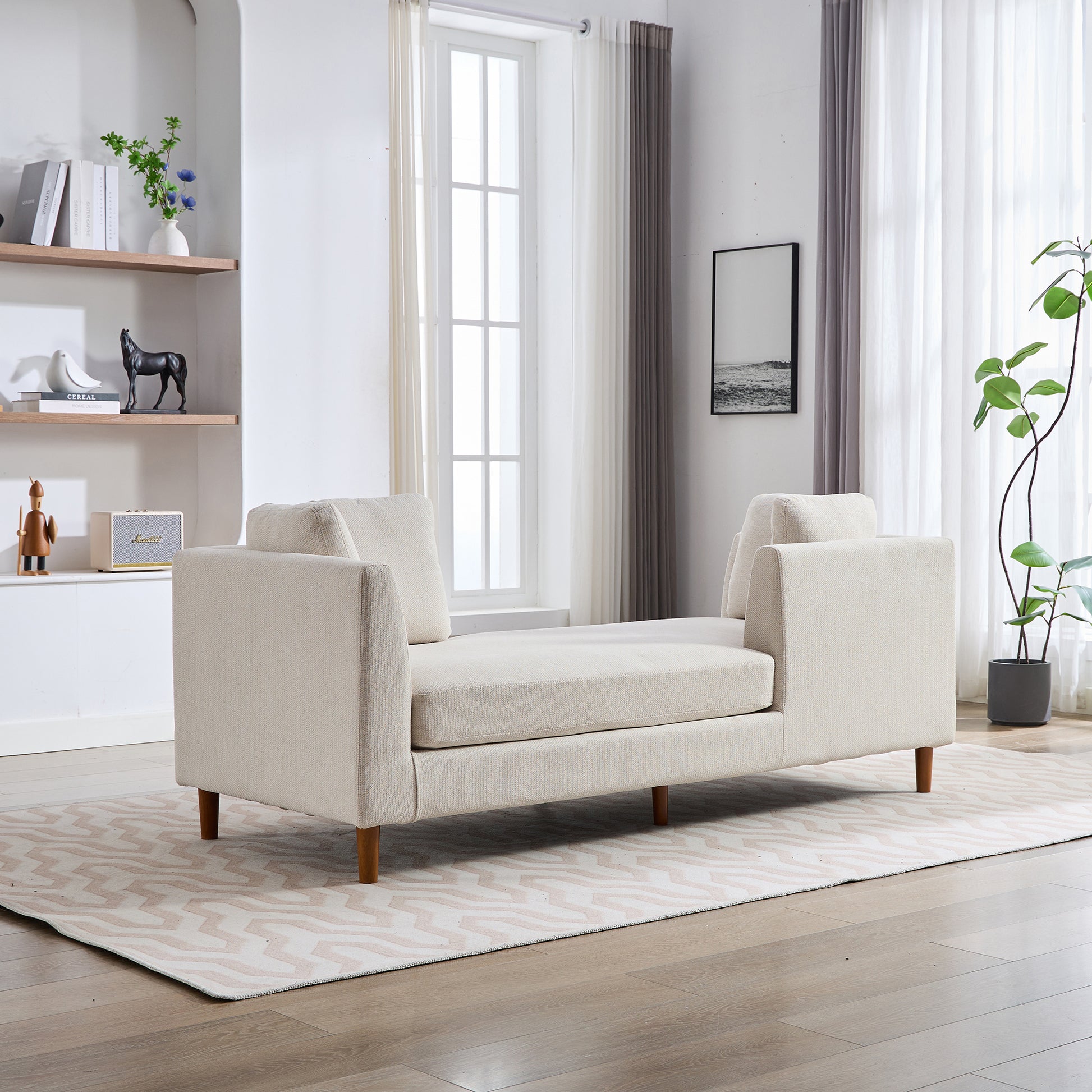 77.95'' Wide Modern Double Sided Upholstered Chaise Lounge Indoor,Chenille Fabric Sleeper Sofa Couch With 4 Throw Pillows, Daybed With Rubberwood Legs For Living Room, Bedroom, Apartment,Beige Beige
