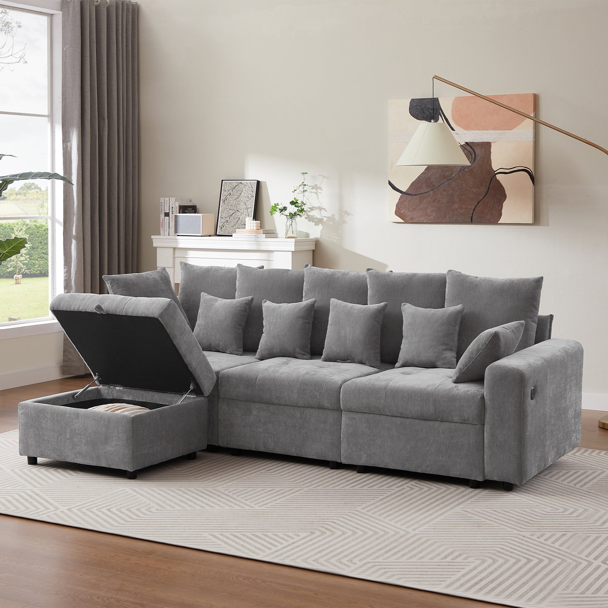 96.45"Sectional Sofa Modular Sofa Couch With Three Usb Ports, A Removable Storage Ottoman And Five Back Pillows For Living Room, Grey Grey Foam Chenille 4 Seat