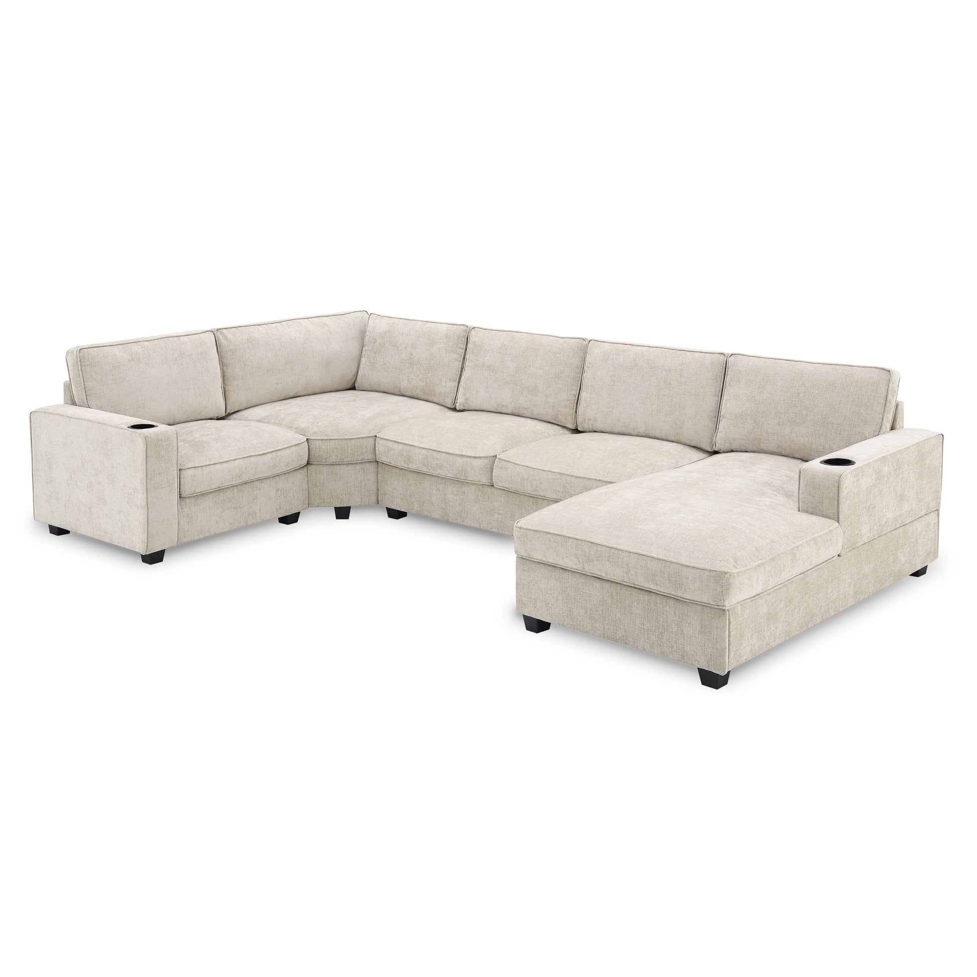 119*67" U Shaped Sectional Sofa,6 Seat Chenille Couch Set With Oversized Chaise Lounge,Irregular Corner,Deep Seat Comfy Sofa With Cup Holders For Living Room,Apartment,2 Colors Beige Chenille 6 Seat