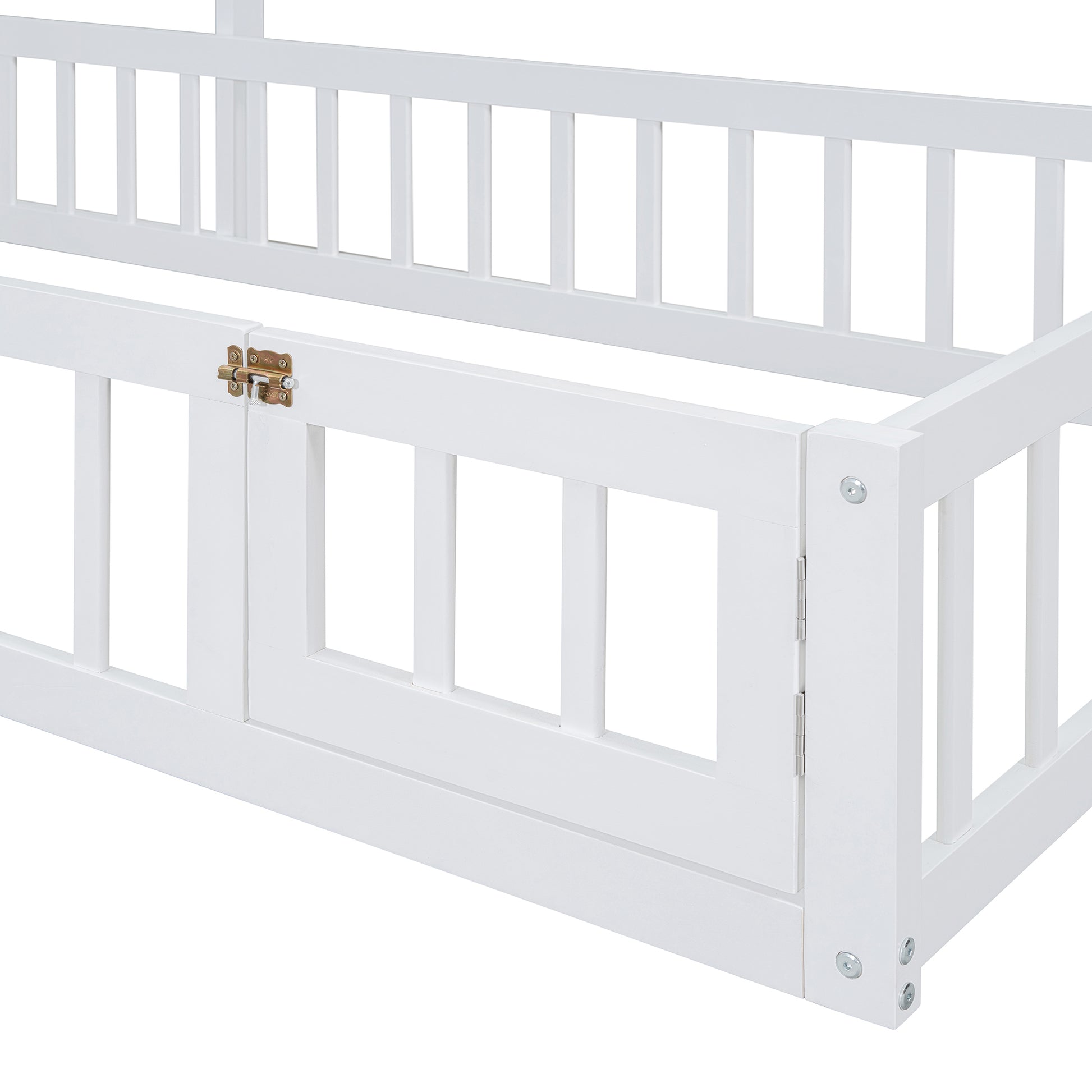 Wooden Floor Bed With Fence Railings And Detachable House Shape Headboard, Twin Size Bed With Kids Dress Up Rack, Kids Montessori Style Playhouse Frame For Girls Boys, White Twin White Wood