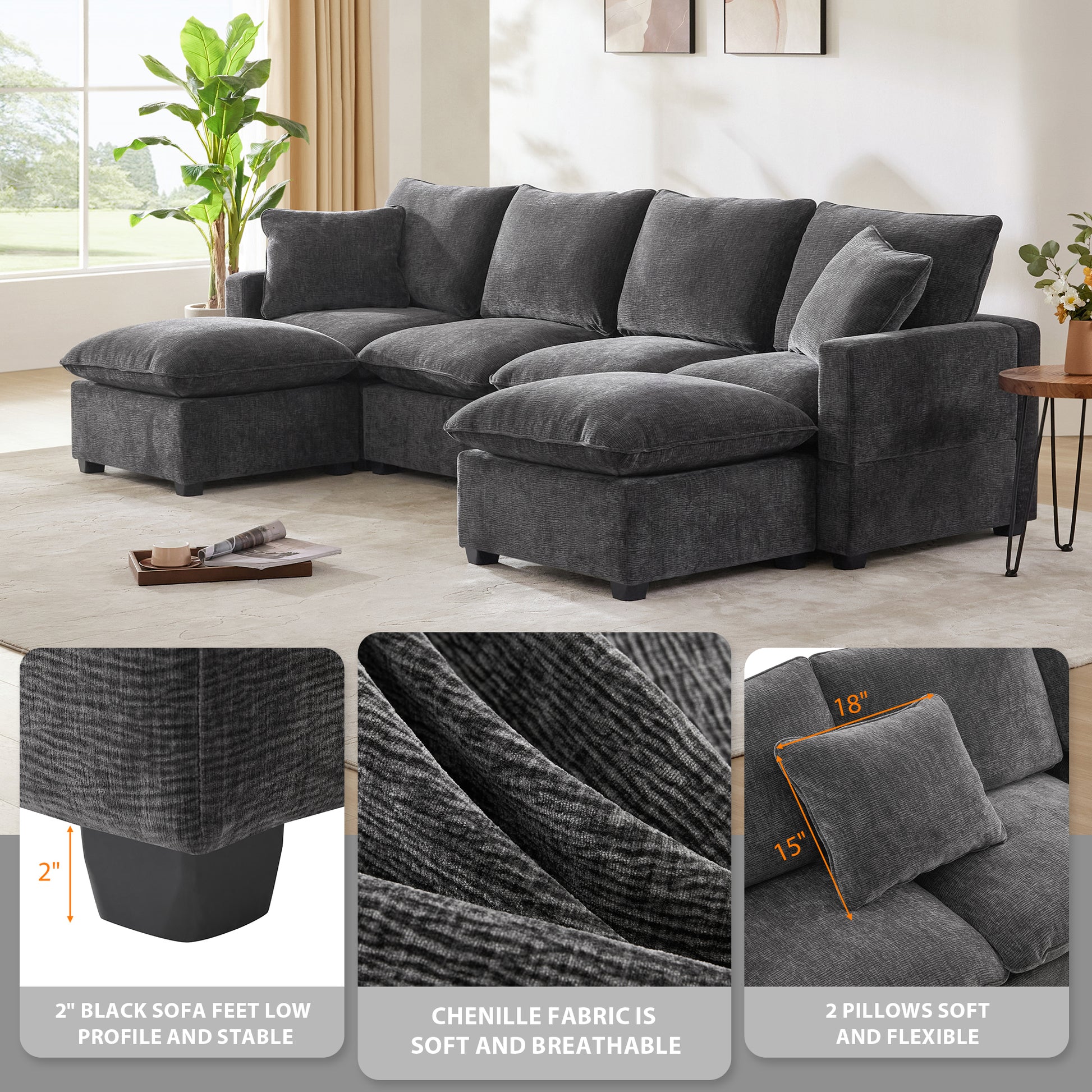 110*57" Modern U Shape Modular Sofa, 6 Seat Chenille Sectional Couch Set With 2 Pillows Included, Freely Combinable Indoor Funiture For Living Room, Apartment, Office, 2 Colors Black Grey Chenille 6 Seat