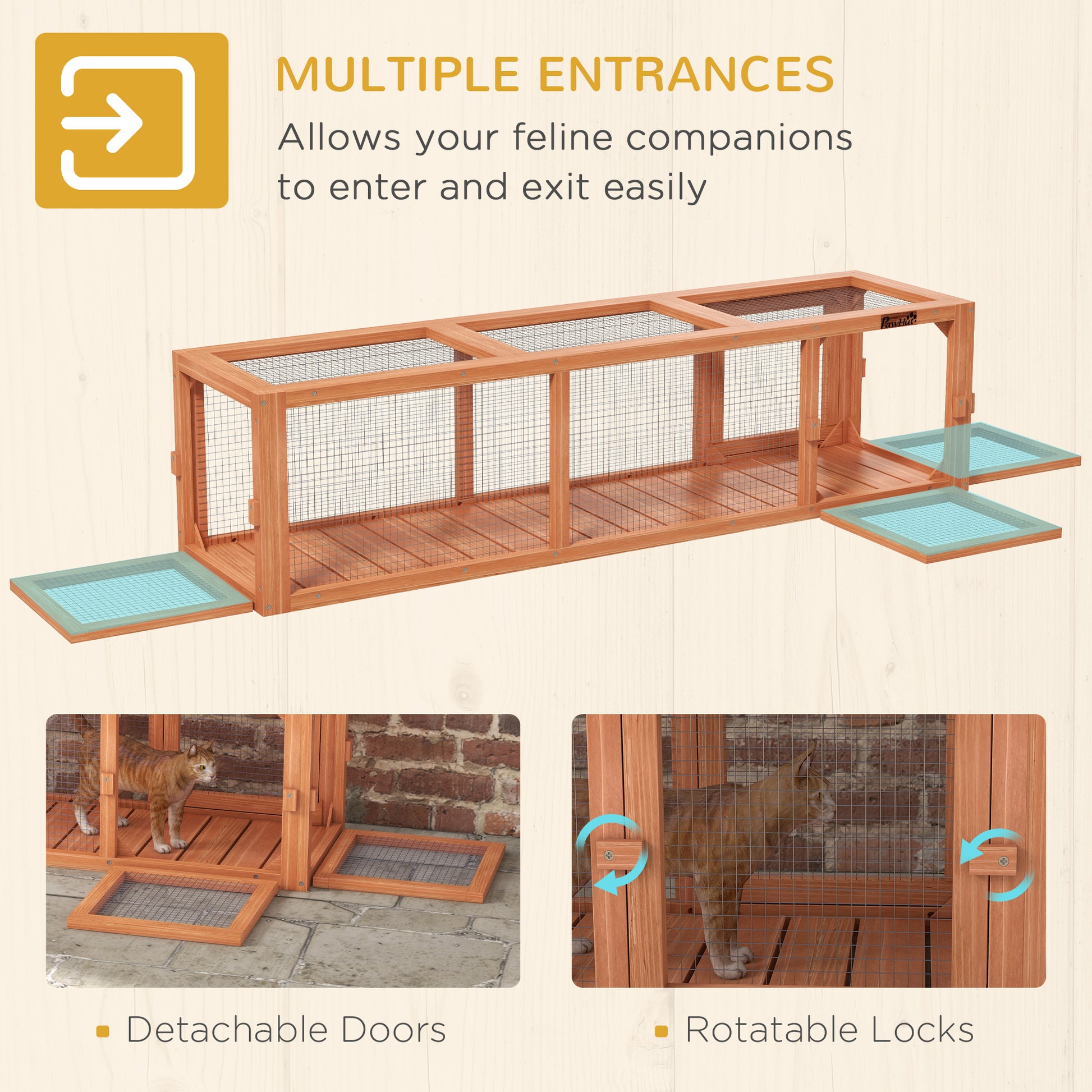 Pawhut Outdoor Cat Tunnel With Extendable Design, 59" L Wooden Cat Run With Weather Protection, Connecting Inside And Outside, For Deck Patios, Balconies, Orange Orange Wood