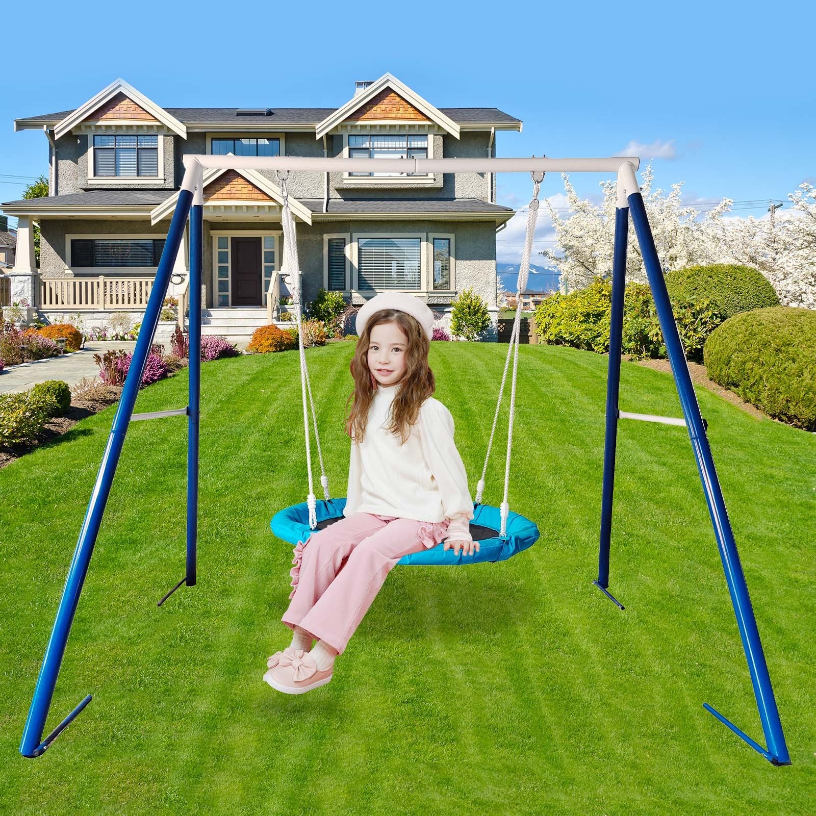 Metal Swing Stand With Saucer Outdoor Playground Metal Swing Set For Kids Outdoor Play Equipment Antique Blue 200 Lbs & Over American Design 5 To 8 Years Metal Outdoor