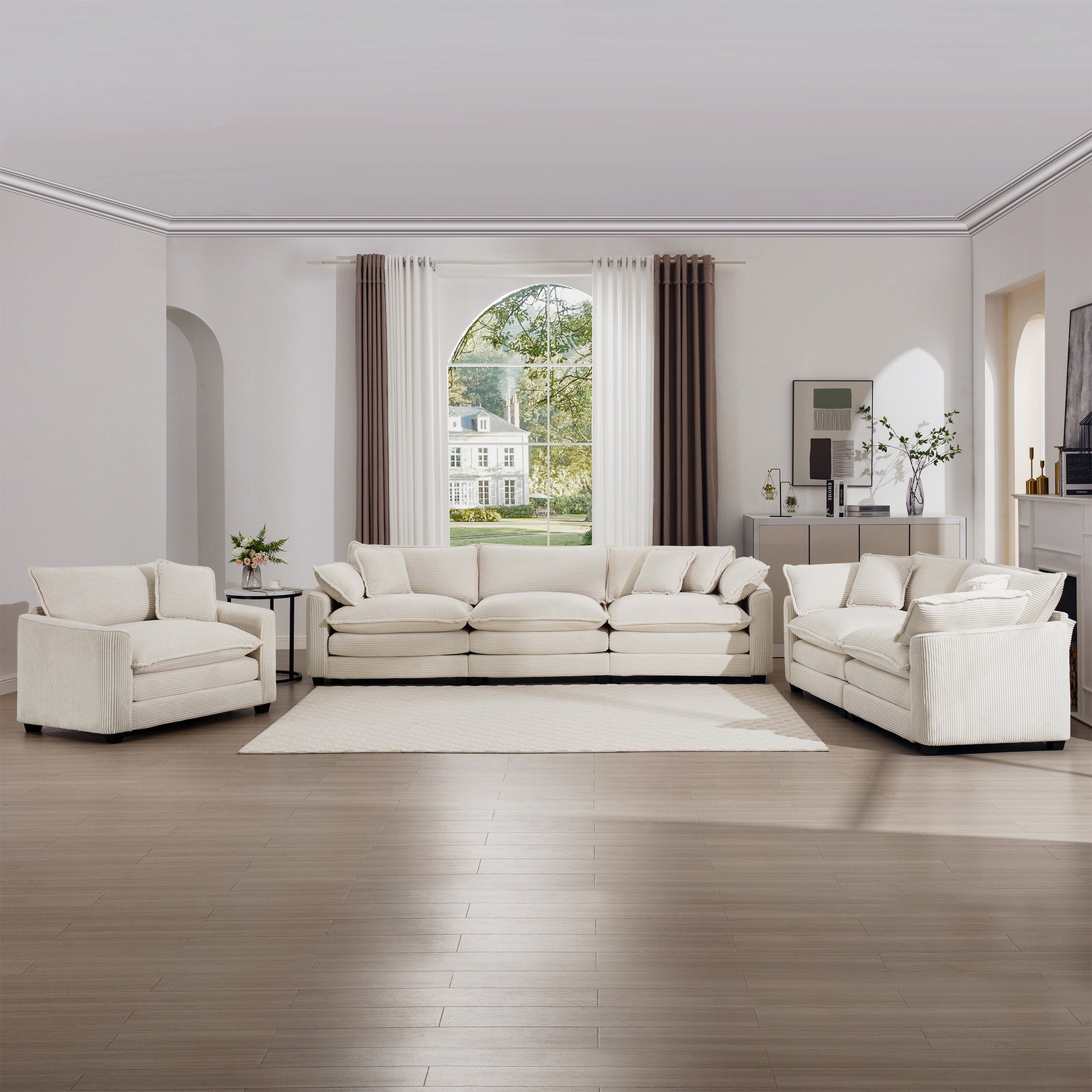 3 Piece Sofa Set, Comfortable Oversized Sofa With One Single Sofa, One 2 Seater Sofa And One 3 Seater Sofa, Light Beige Corduroy Deep Seat Sofa Beige Corduroy 6 Seat