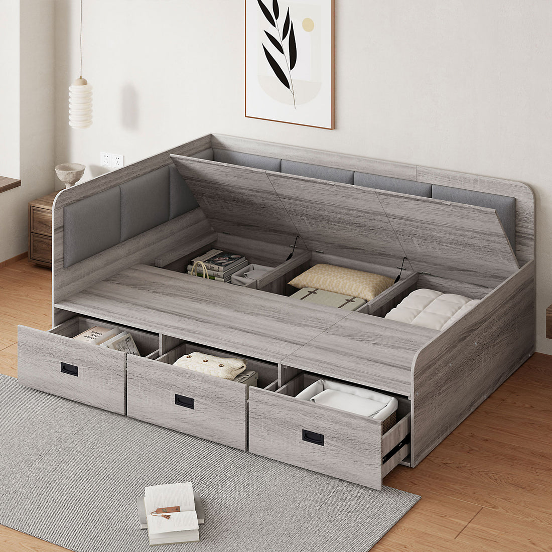 Full Size Daybed With Three Drawers And Three Storage Compartments, Gray Full Gray Mdf