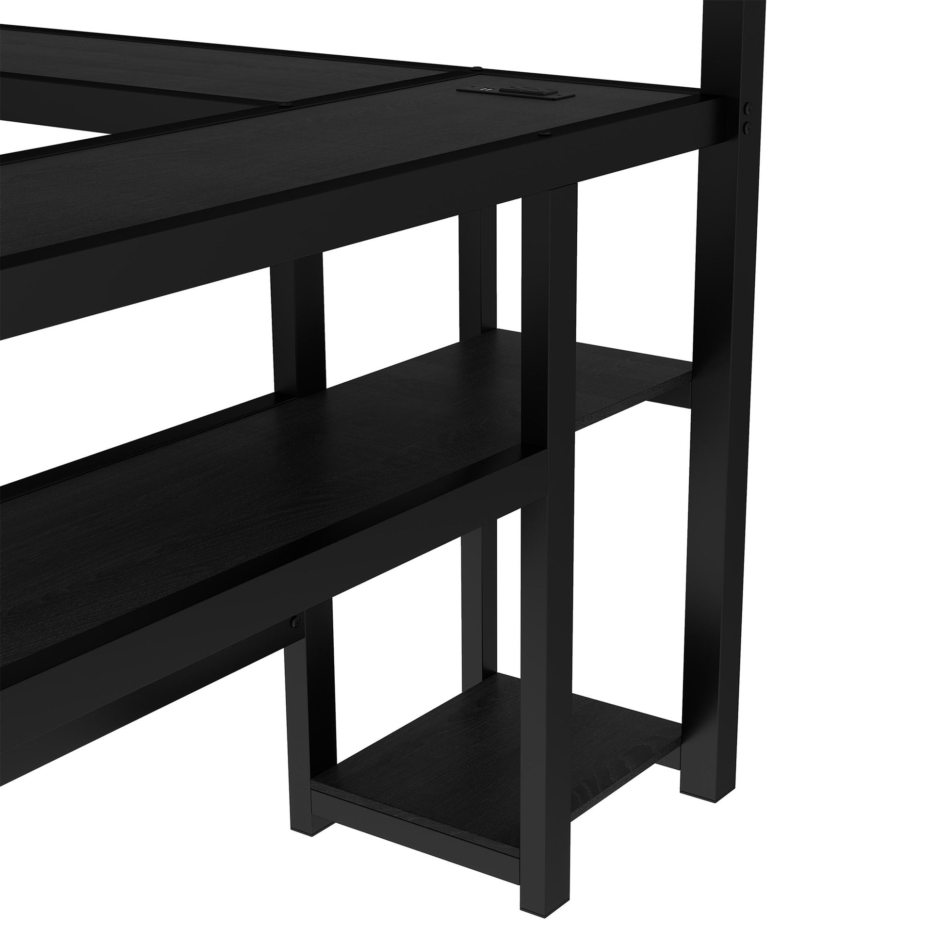 Full Xl Over Twin Bunk Bed With Desk And Shelves, Multiple Placement, With Led And Usb, Black Black Metal