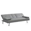 Sofa Bed With Armrest Two Holders Wood Frame, Stainless Leg, Futon Grey Pvc Grey Leather 2 Seat