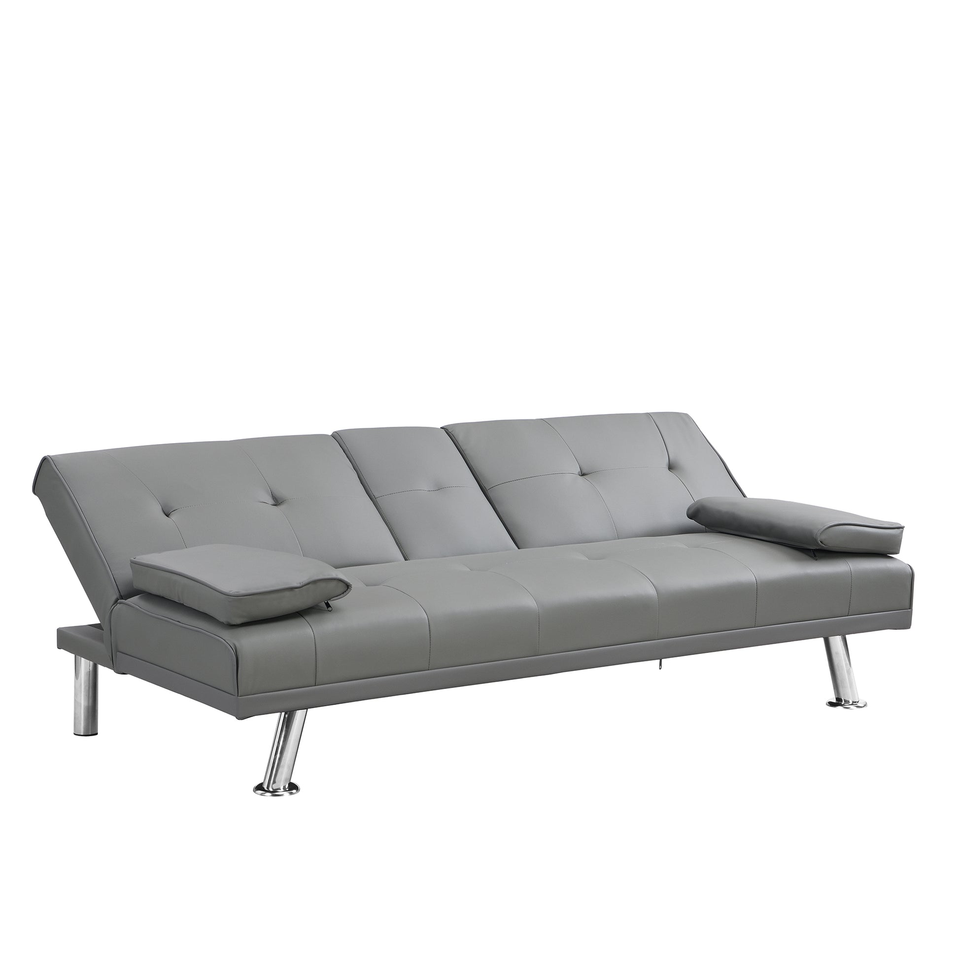 Sofa Bed With Armrest Two Holders Wood Frame, Stainless Leg, Futon Grey Pvc Grey Leather 2 Seat