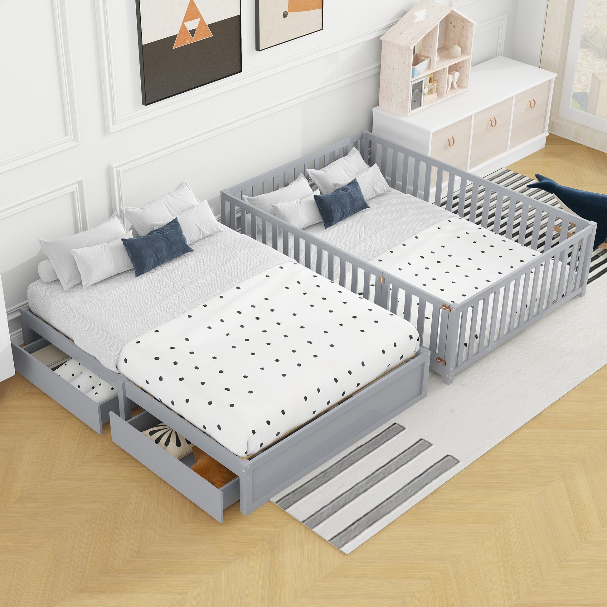 Full Size Wood Daybed With Fence Guardrails And 2 Drawers, Split Into Independent Floor Bed & Daybed, Gray Old Sku :Lp000882Aae Full Gray Solid Wood Mdf