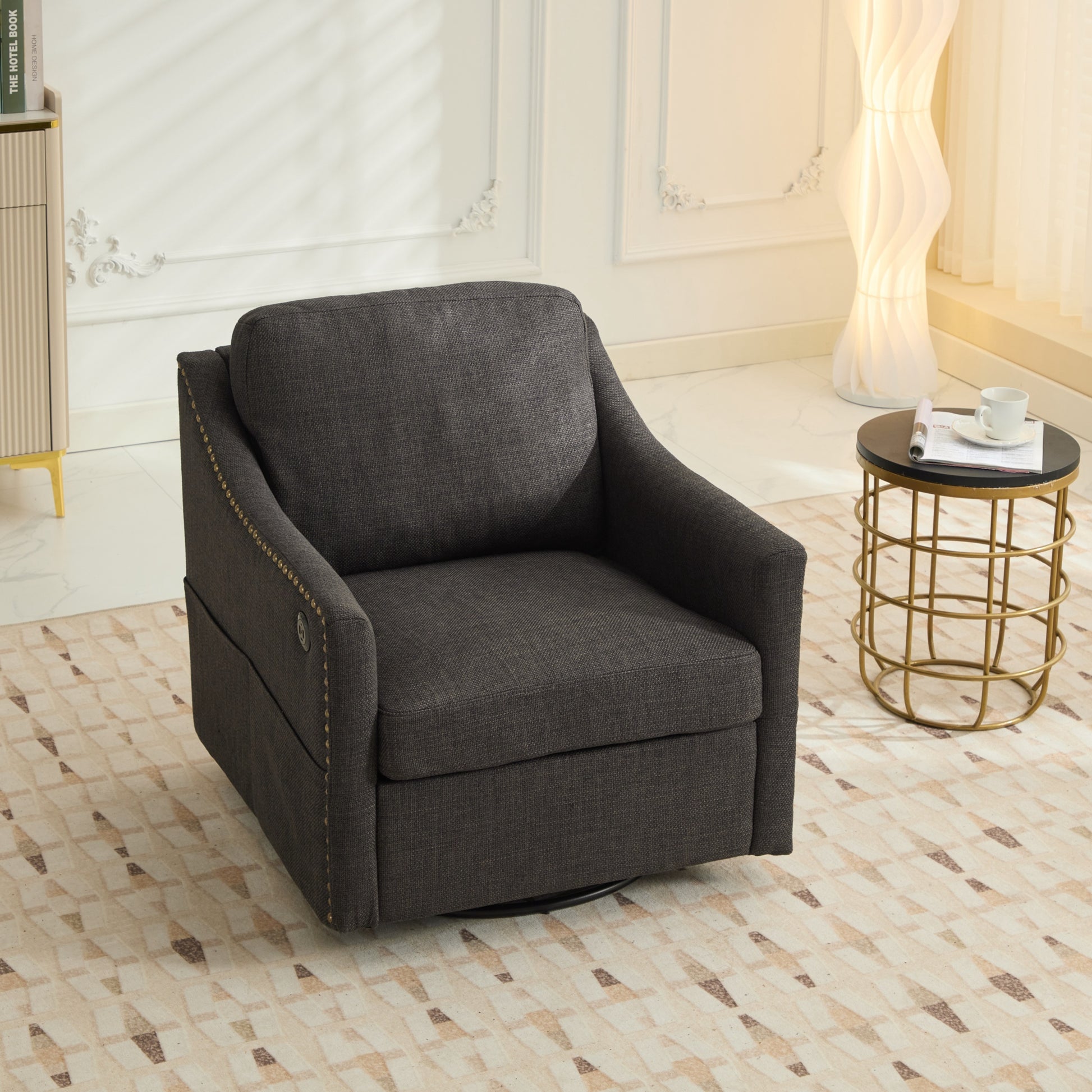 Dark Grey 360 Degree Swivel Rotating Accent Chair With Usb And Magazine Book For Living Room And Hotel Bed Room,Upholstered Accent Chair With Cooper Nail Dark Grey White Primary Living Space American Design,Classic,Modern Pine Foam Wood Fabric